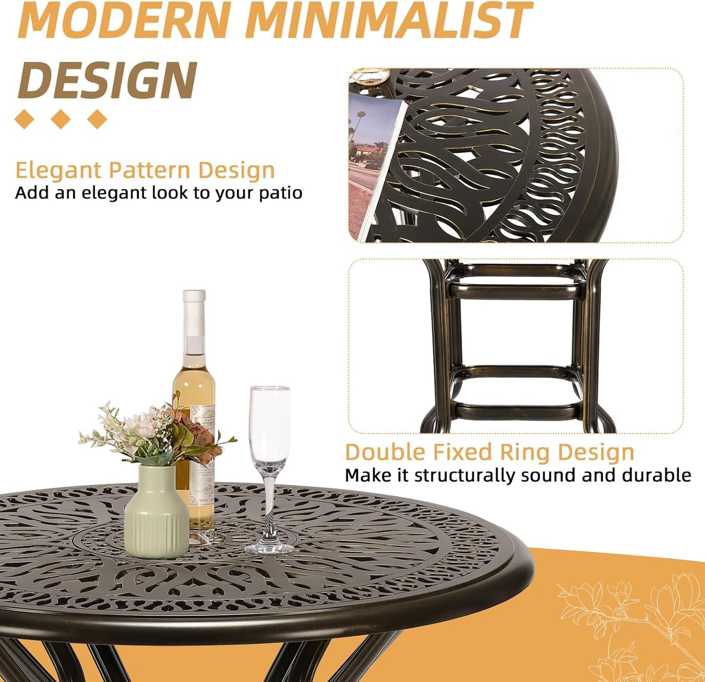 3-Piece Patio Swivel Bar Set, High Top Bar Table & Chairs, All-Weather Cast Aluminum Swivel Bar Stools (2) & 35.4" Table, Patio Bistro Set for Garden