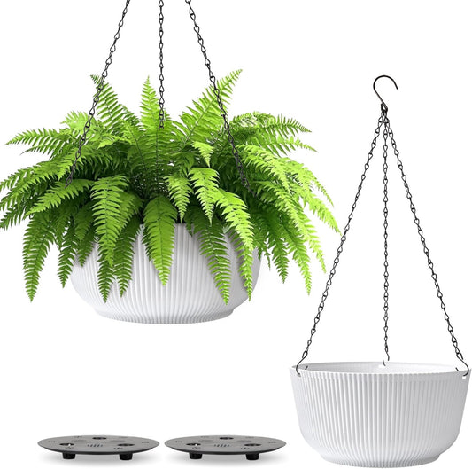 T4U 10 Inch Hanging Planters for Indoor Outdoor Plants, 2 Pack White Self Watering Hanging Plant Pot, Hanging Pots Set with Drainage Hole & Plug & Chain with 3 Hooks for Garden Home Decor