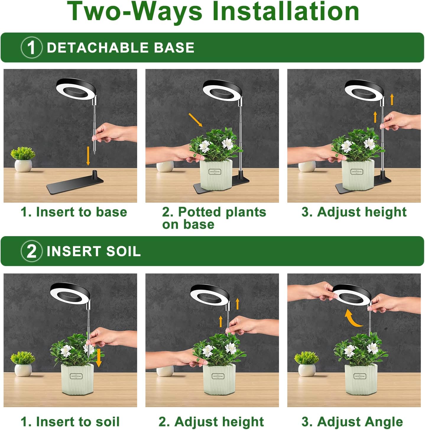 Plant Grow Light, 48 LEDs Full Spectrum Grow Lights for Indoor Plants, Height Adjustable Small Halo Grow Light with Base, 3 Optional Spectrums, Auto Timer 3/9/12Hrs, 10 Brightness, 3 Pack