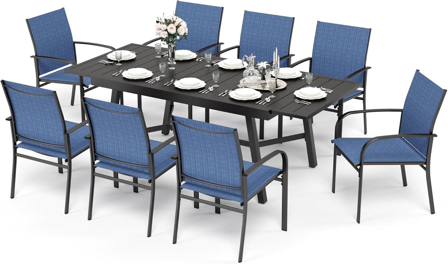 HERA'S HOUSE Extendable Patio Table and Chairs Set for 8, 9 Pieces Outdoor Dining Set, Rectangular Metal Dining Table with 8 x Chairs for Deck Lawn Garden Porch, Blue
