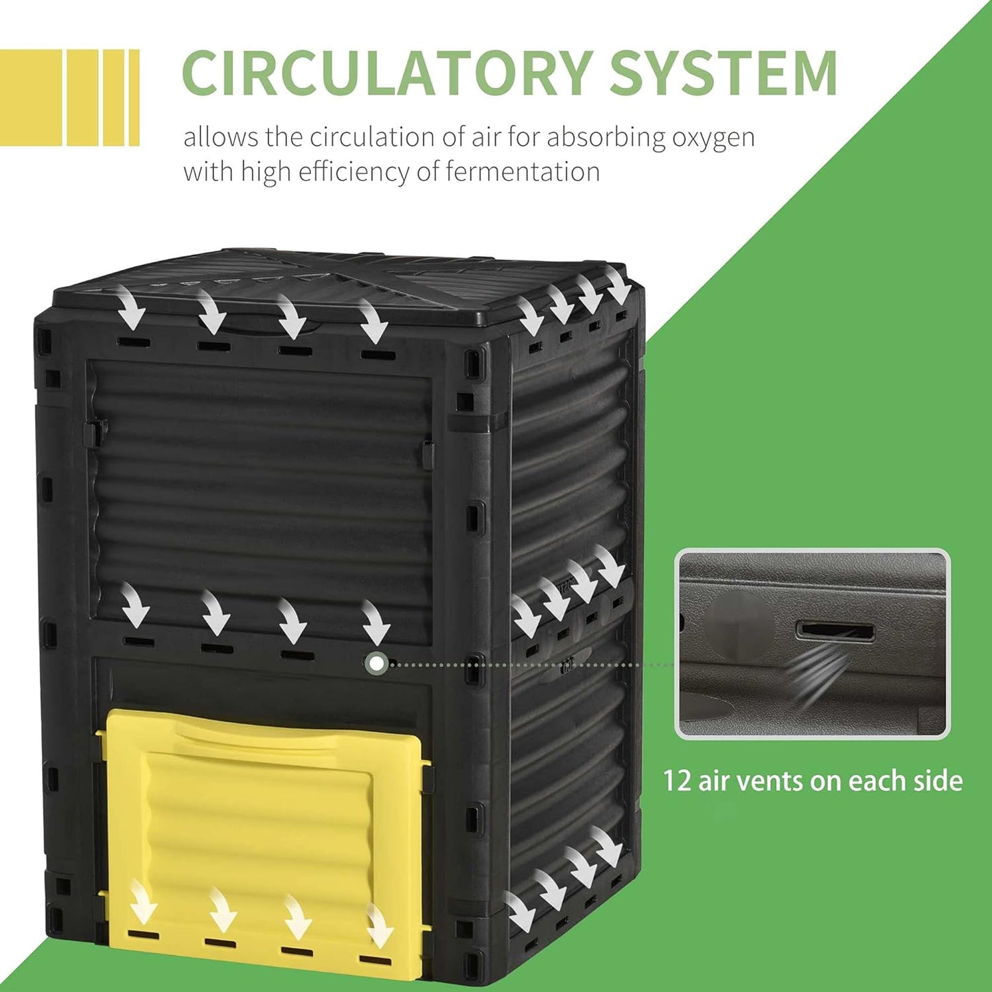 Compost Bin Outdoor 80 Gallon Garden Composter, with 48 Vents and Sliding Doors, Lightweight Outdoor Compost Box for Garden, Kitchen, and Yard Waste, Black+Yellow