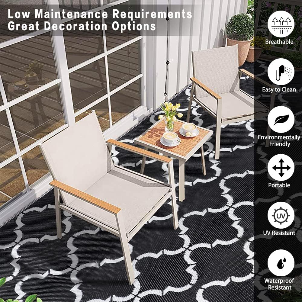 Outdoor Plastic Straw Rug, Waterproof Mat, Washable Large Floor Mat and Rug for Outdoors, RV, Beach, Patio, Camping, Backyard, Deck, Picnic, Indoor Outside (5x8ft,Lantern/Black&White)