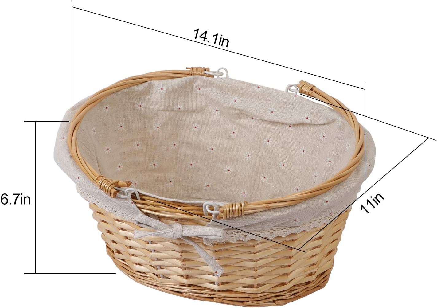 KINJOEK Wicker Woven Basket, 14 x 11 x 6.7 Inch Multipurpose Willow Basket with Handle Premium Linen Cotton Cloth Lining for Storage and Decoration, Natural