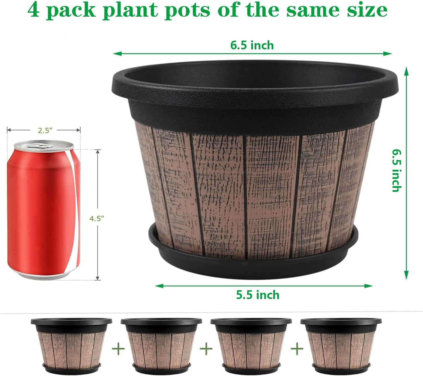 Quarut 4 Pack 8 inch Plant Pot,Upgrade Whiskey Barrel Planters with Drainage Holes & Saucer,Plastic Decoration Flower Pots Retro Design,Planters for Outdoor Indoor Garden Home Plants (Brown)