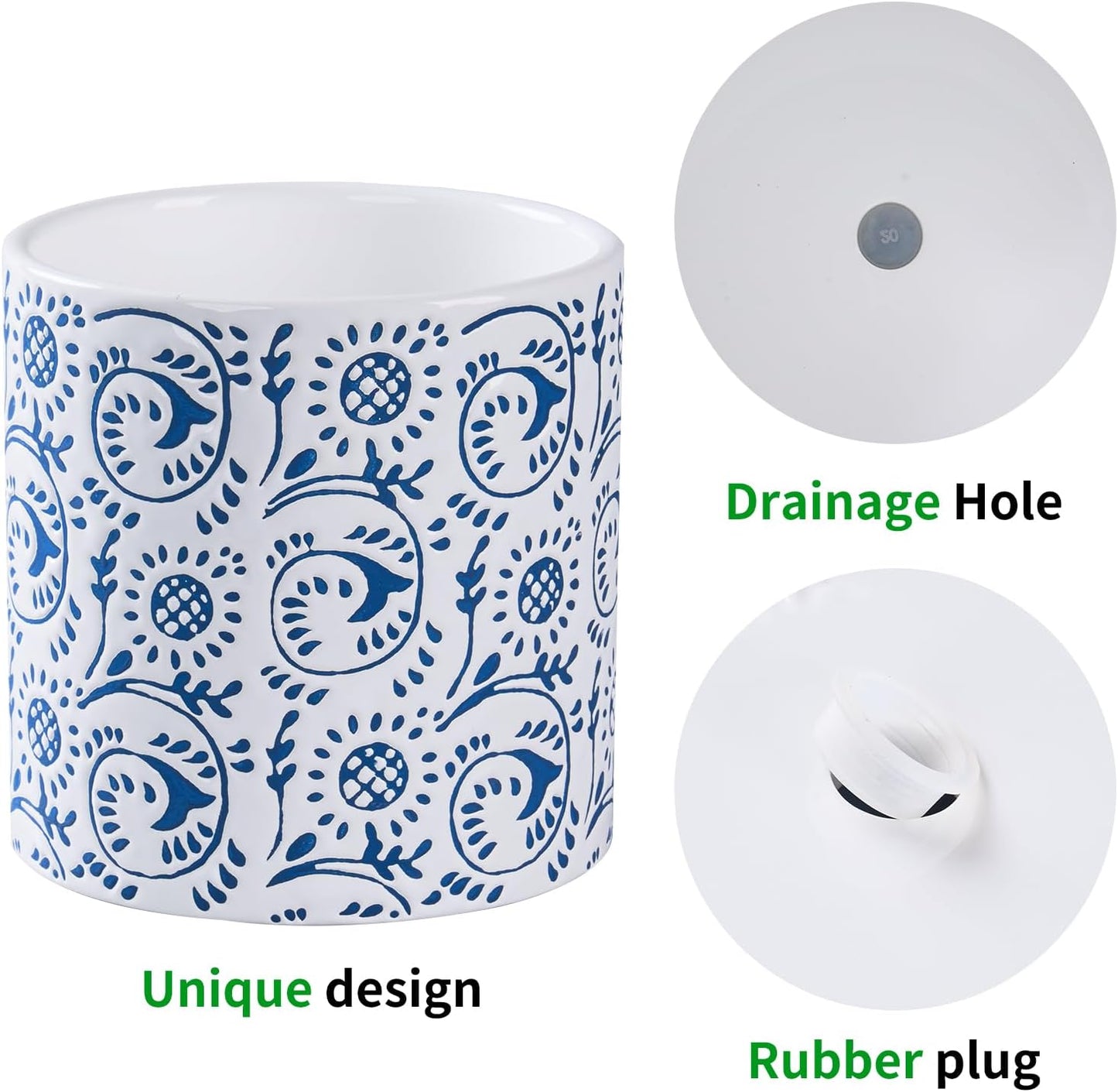 Ceramic Plant Pot for Indoor Plants, 6 Inch Blue & White Floral Porcelain Ceramic Decorative Flower Pot with Drainage Holes, Modern Planter for Home & Office Decor