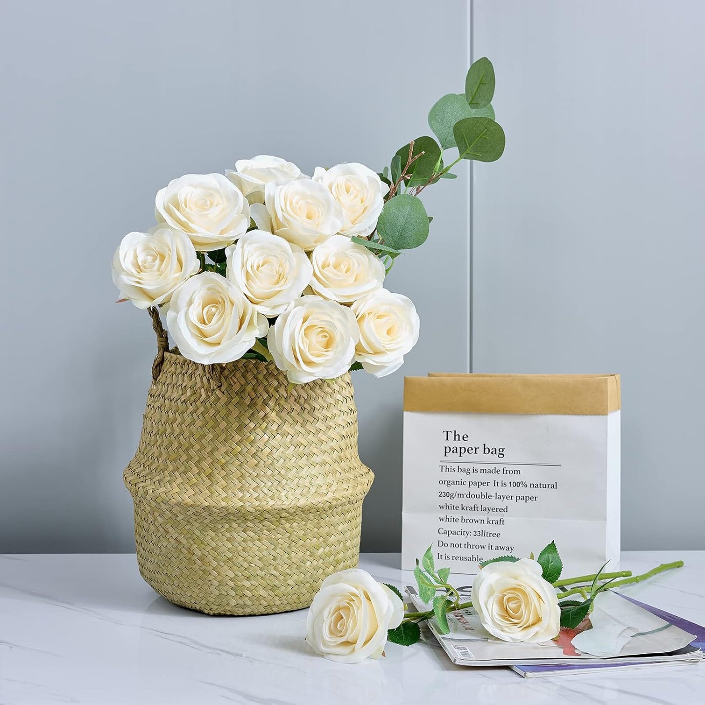 12pcs Ivory Roses Artificial Flowers Silk Flowers Fake Roses with Long Stems for Wedding Decor Home Decor Baby Shower Party Centerpieces Decorations