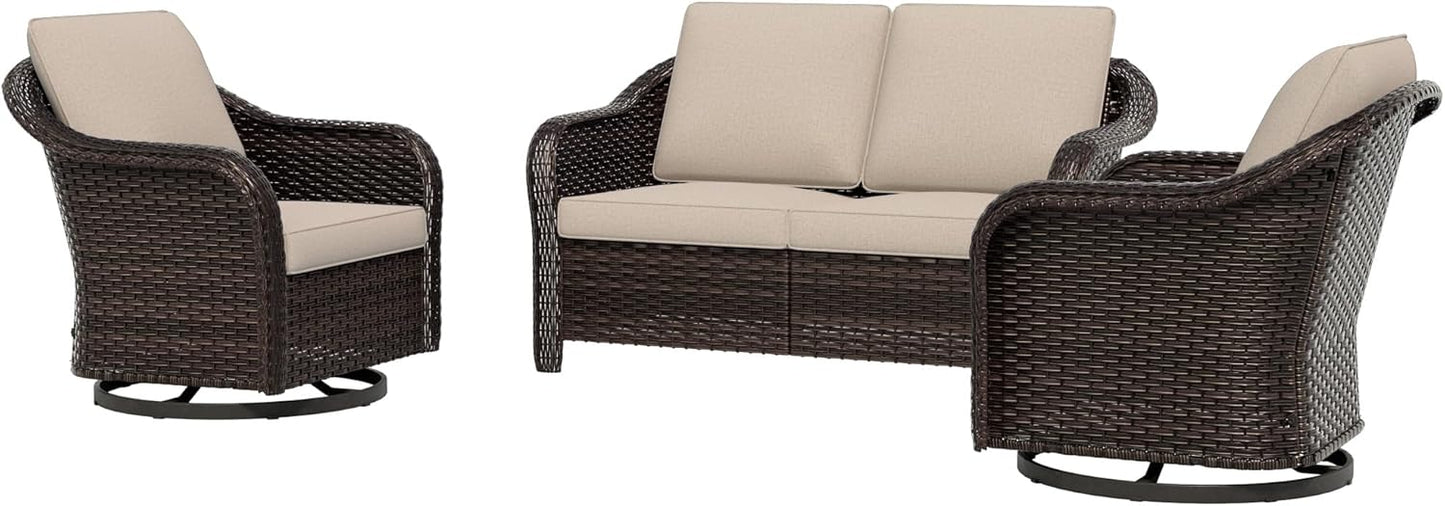 3 Piece Patio Wicker Conversation Set, All-Weather Use Outdoor Wicker Loveseat with 2 PE Rattan 360 Swivel Chair, Ideal for Porch, Backyard, Balcony, Poolside, Beige