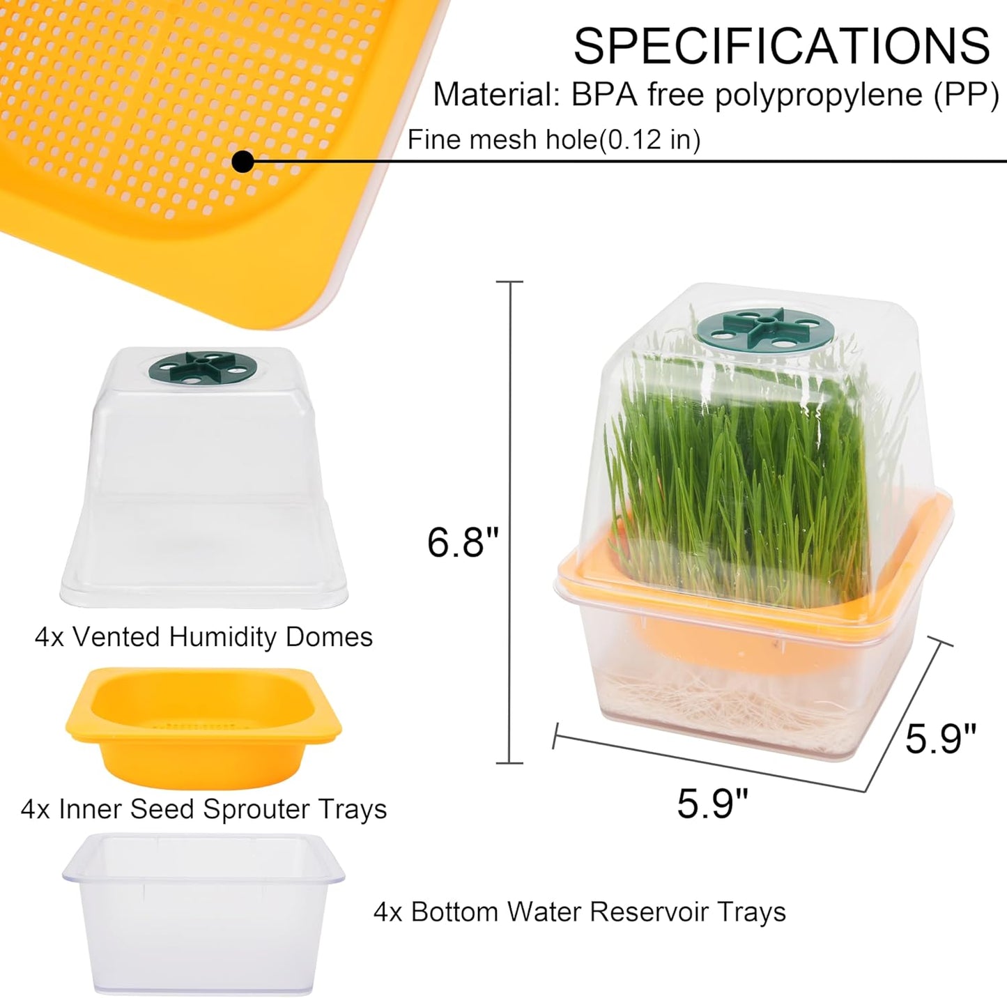 Microgreen Growing Trays, LUVCSOY Sprouting Tray with Humidity Dome, 3mm Large Mesh Holes, BPA Free, Sprouter Kit for Growing Large Seeds, Like Sunflower, Mung Beans, Green Pea - 4 Pack | Clear