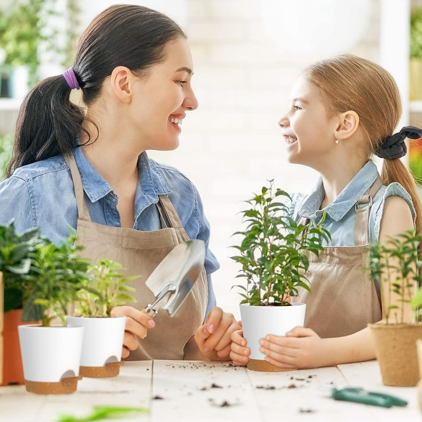 4 inch Self Watering Pots for Indoor Outdoor Plants, 6 Pack Plastic Flower Planters with Drainage Holes and Removable Saucers, Plant Pots with Wicking Rope, Modern Decor, White Brown