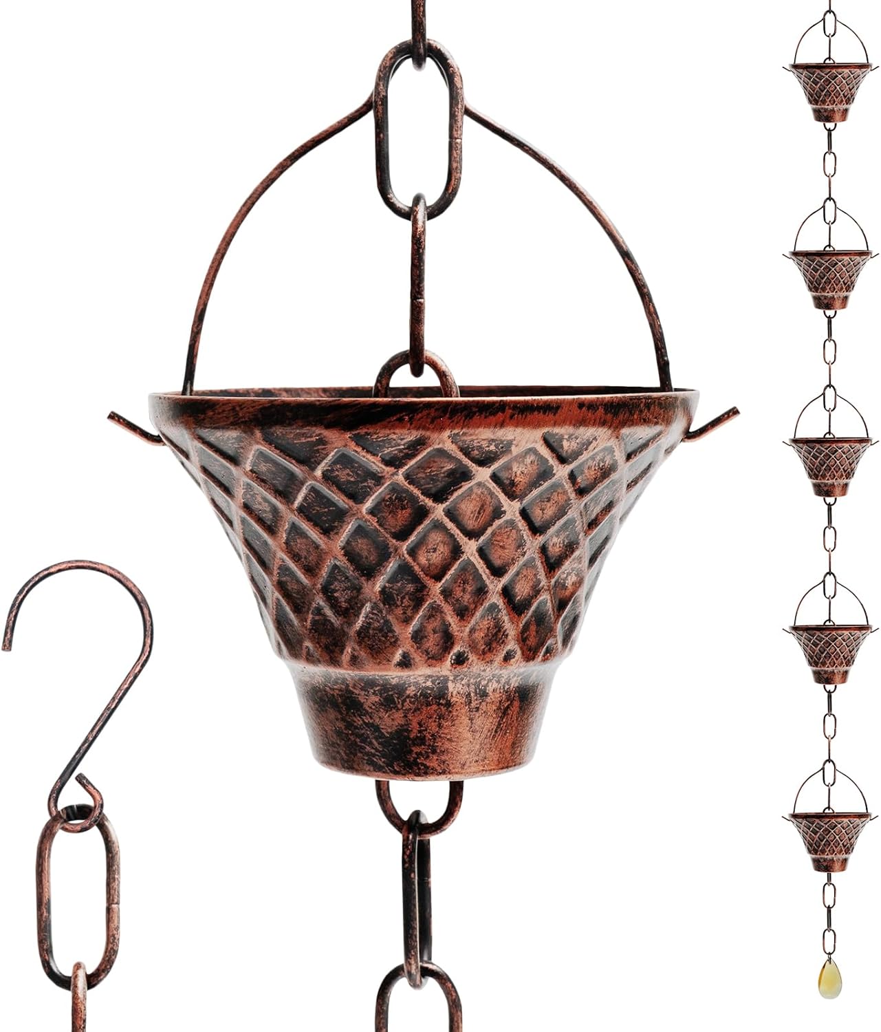 Rain Chains for Gutters, 8.5FT Durable Copper Rain Catcher Chain with 12 Cups, Decorative Replacement Downspout Rain Chain for Eaves Drainage