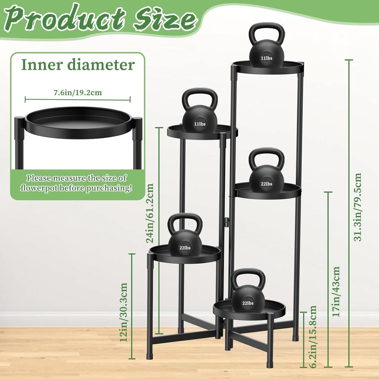 MOKANI Metal Plant Stand Indoor Outdoor for Multiple Plants, 5 Tiered Folding Corner Shelf Tall Flower Pot Holder Display Rack for Patio Living Room Balcony Garden, Black