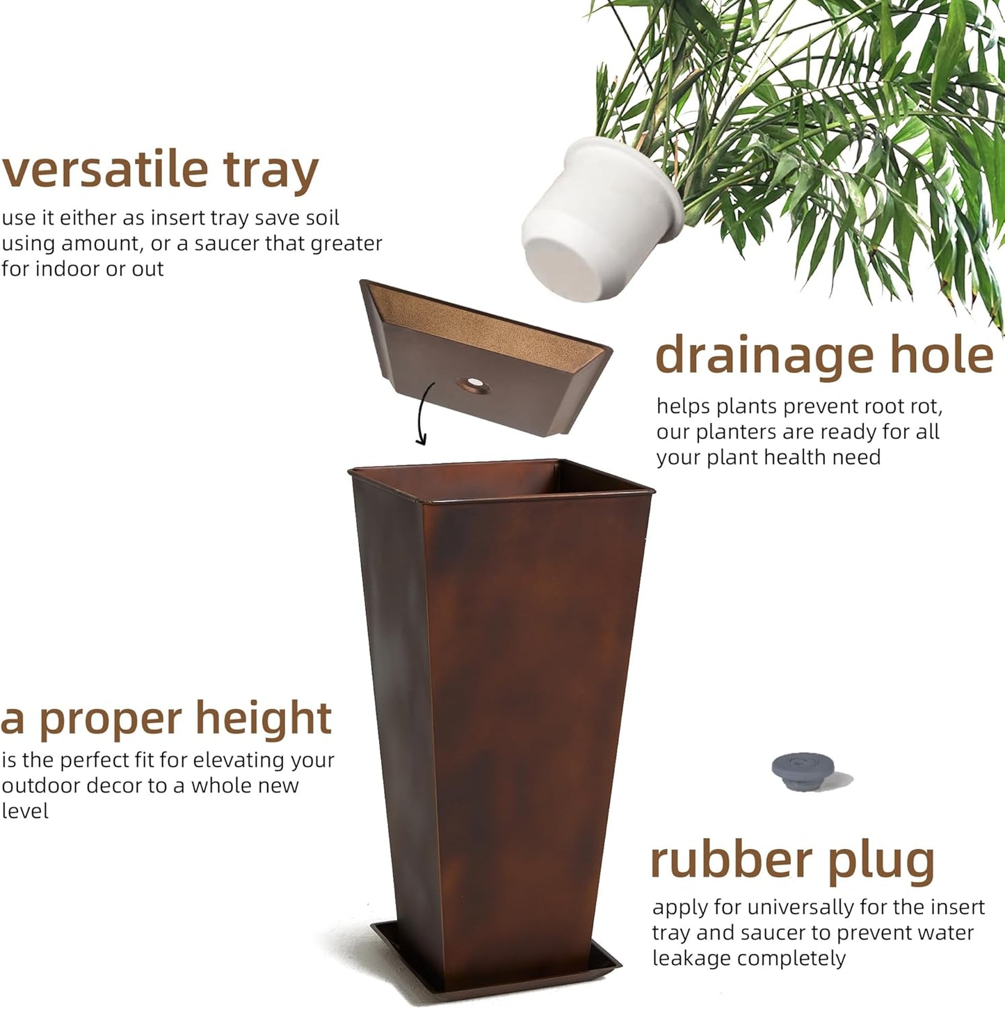 KOL 28''H. Tall Metal Planter with Insert, Set of 2, Galvanized Steel Planter Pots for Indoor & Outdoor Use, Decorative Flower Plant Pots for Front Porch, Patio, Deck - Rust Color