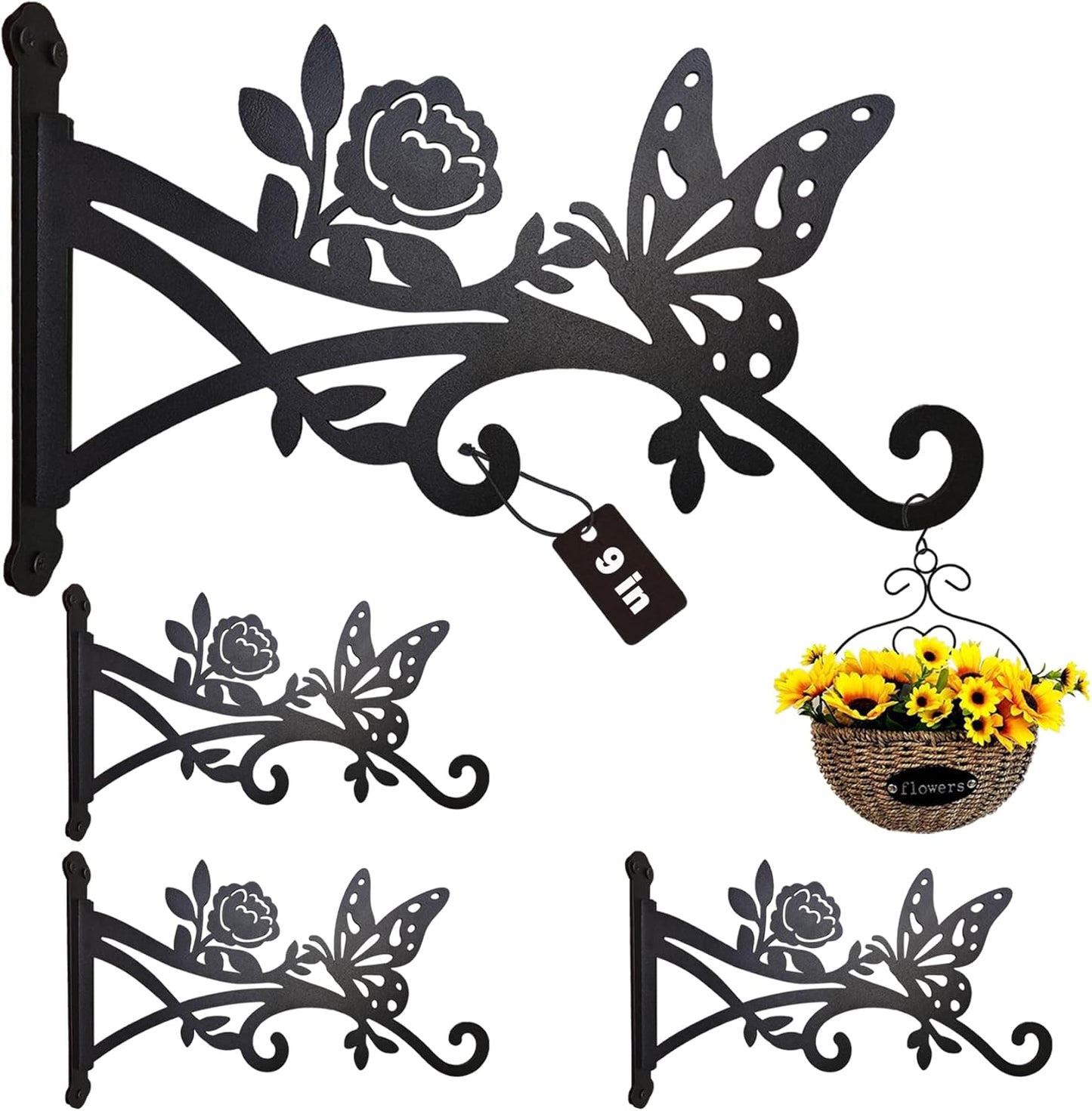 4 Pcs Plant Hangers Outdoor,9 inch Metal Hanging Plant Bracket with Butterfly Pattern,Heavy Duty Plant Hooks for Hanging Plants,Bird Feeder,Lantern