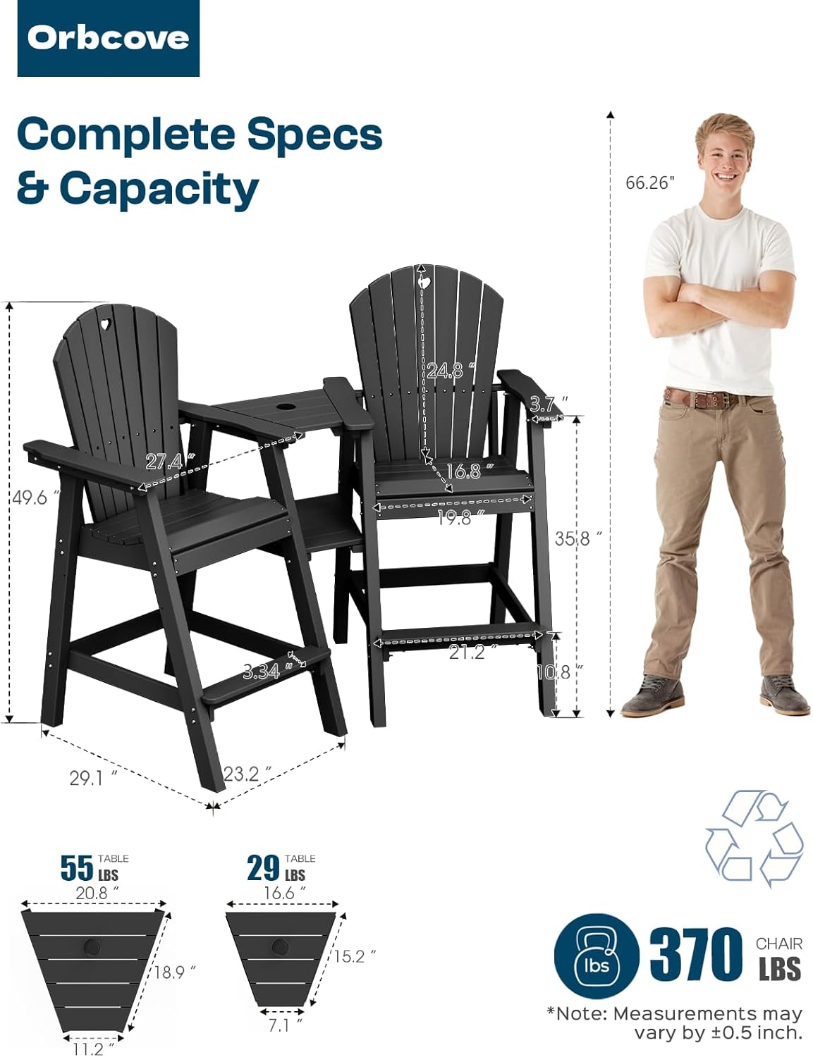 Tall Adirondack Chairs Set of 2-Durable HDPE Outdoor Bar Stools with Double Connecting Tray, Weatherproof Patio Furniture for Poolside, Backyard, Deck & Lawn Relaxation (Black)