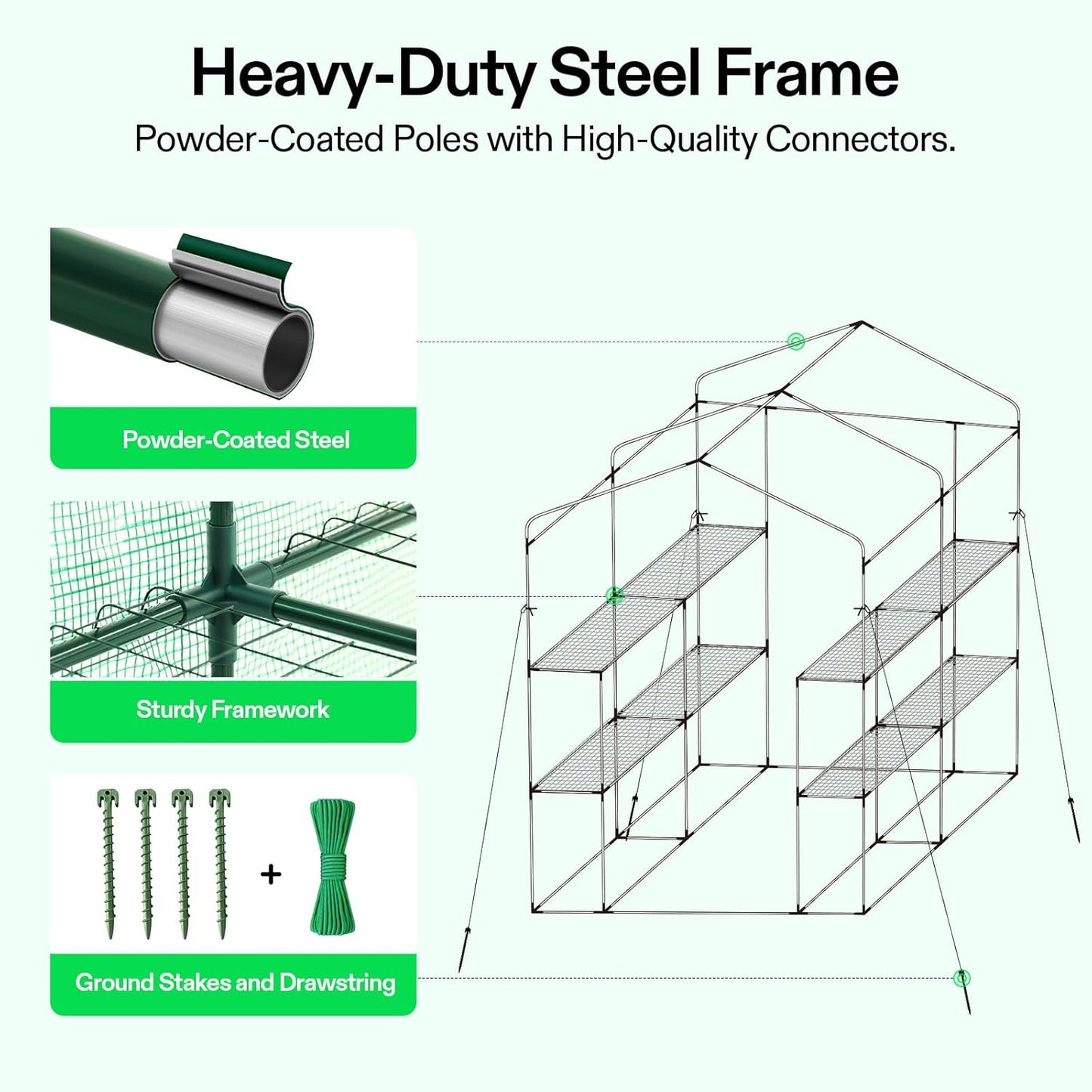 VIVOSUN 57x57x77 Inch Mini Walk in Green House with Window and Anchor, Plant Garden Hot House 2 Tiers 8 Shelves, 4.7 x 4.7 x 6.4 FT