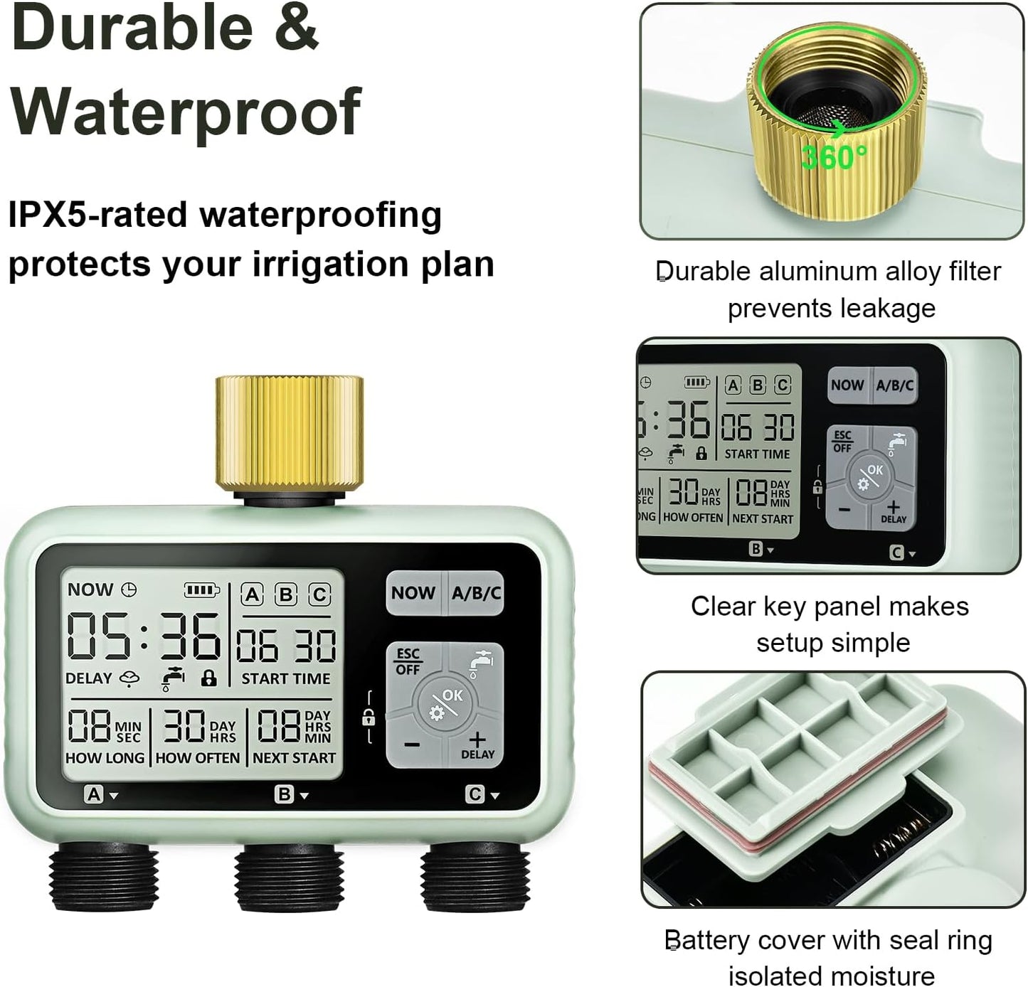 Watering Timer 3 Zone with Brass Inlet, Sprinkler Timer, Programmable Garden Outdoor Hose Faucet Timers with Rain Delay, Auto & Manual Watering System,Water Hose Irrigation Timers 3 Outlet for Garden