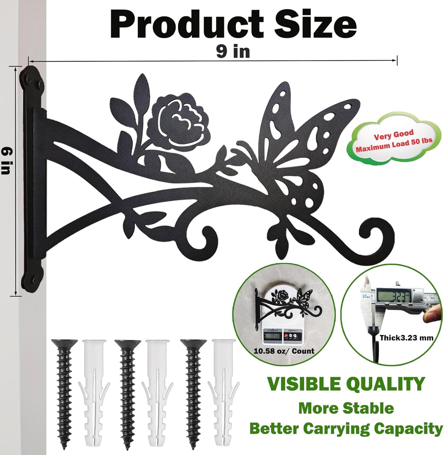 4 Pcs Plant Hangers Outdoor,9 inch Metal Hanging Plant Bracket with Butterfly Pattern,Heavy Duty Plant Hooks for Hanging Plants,Bird Feeder,Lantern