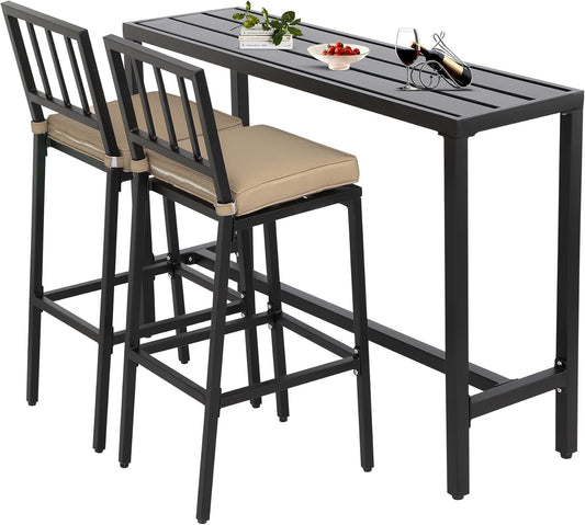 3-Piece Outdoor Patio Bar Set, Bar Height Patio Dining Set, Weather-Resistant Bistro Counter Pub Set with Cushions & Slatted Tabletop for Backyard, Garden, Yard