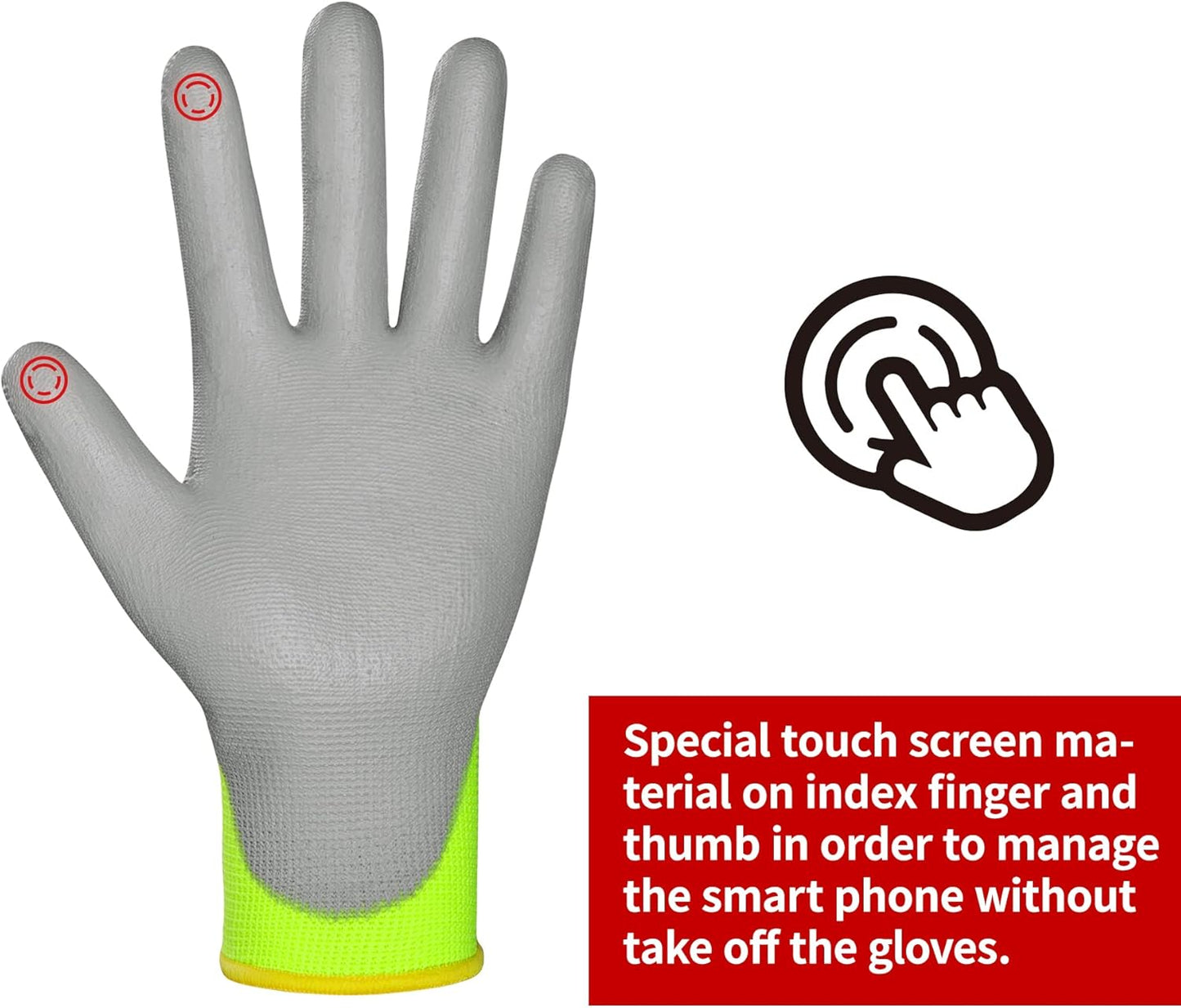 DULFINE Safety Work Gloves PU Coated for Men and Women-12 Pairs,Hi-Vis Seamless Knit Glove with Two Fingers Touchscreen,Ideal for General Duty Work (XX-Large)