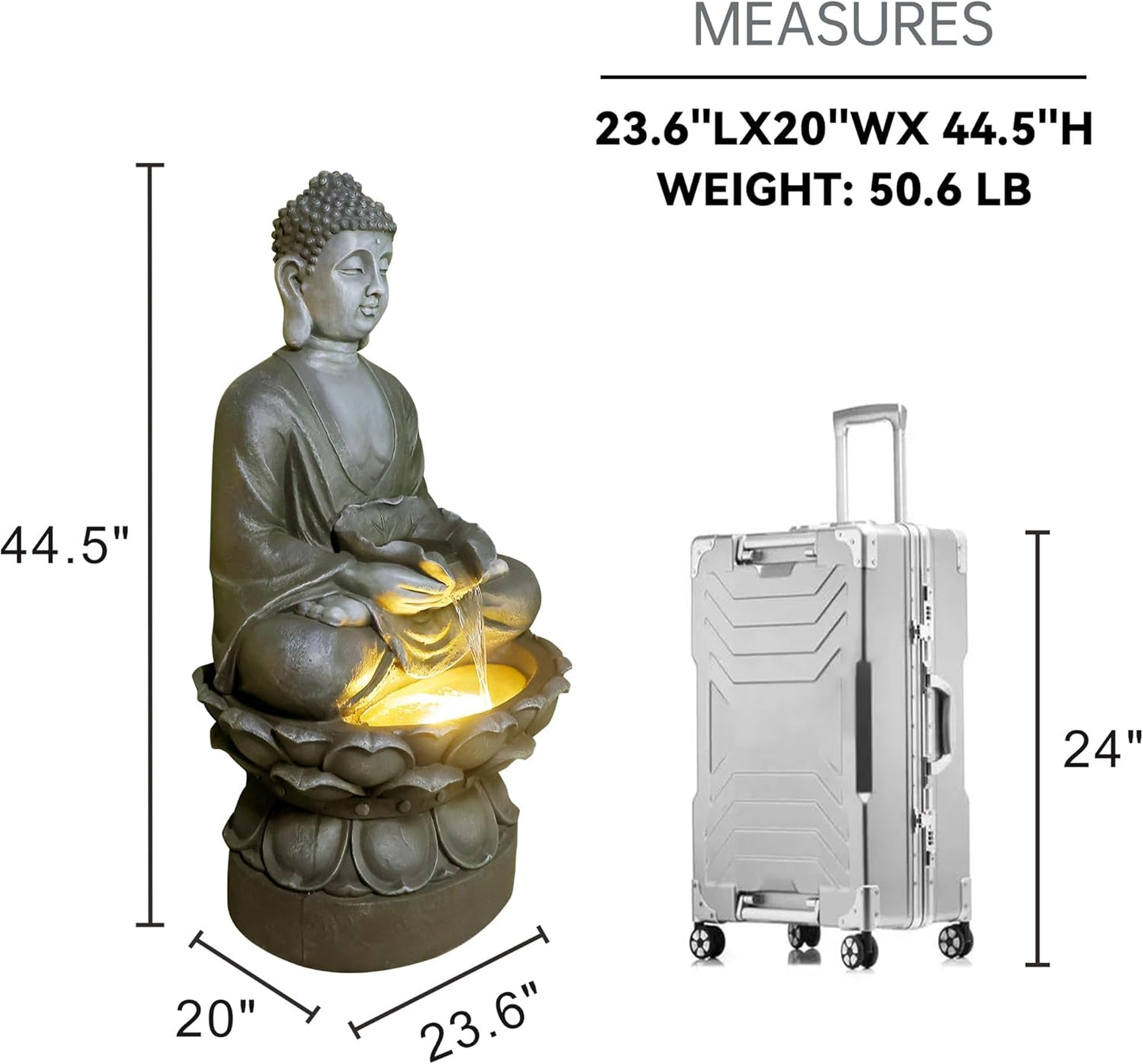 Buddha Water Fountain Outdoor Large Sitting Lotus Base Waterfall Fountains Zen Water Feature Indoor with LED Light for Garden Patio Backyard Deck Lawn Porch Balcony Home 45 inches Gray