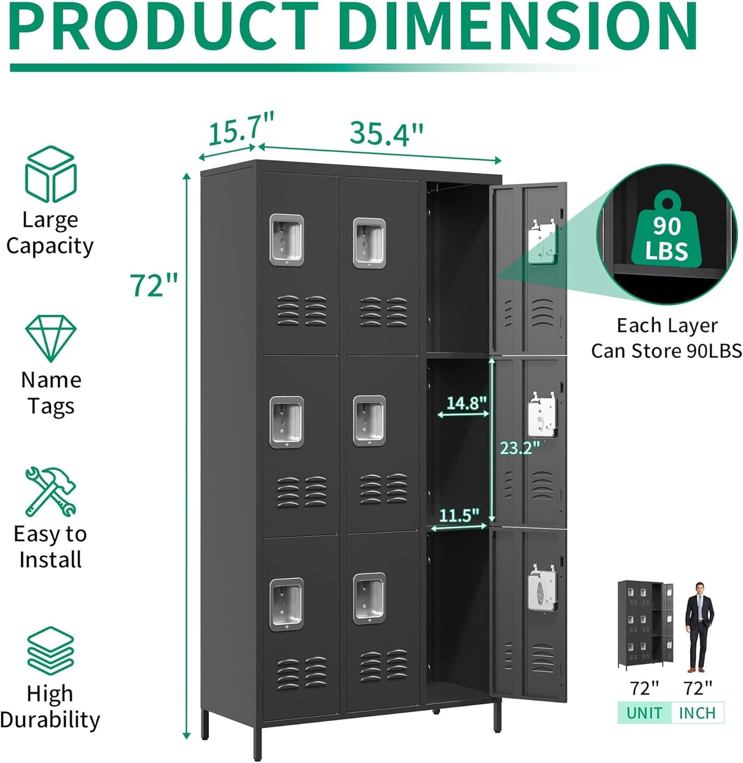 Metal Lockers for Employees, Storage Employee Locker, 72" Storage Lockers with Shelves Steel Cabinet for Home (Black, 9 door-72'')