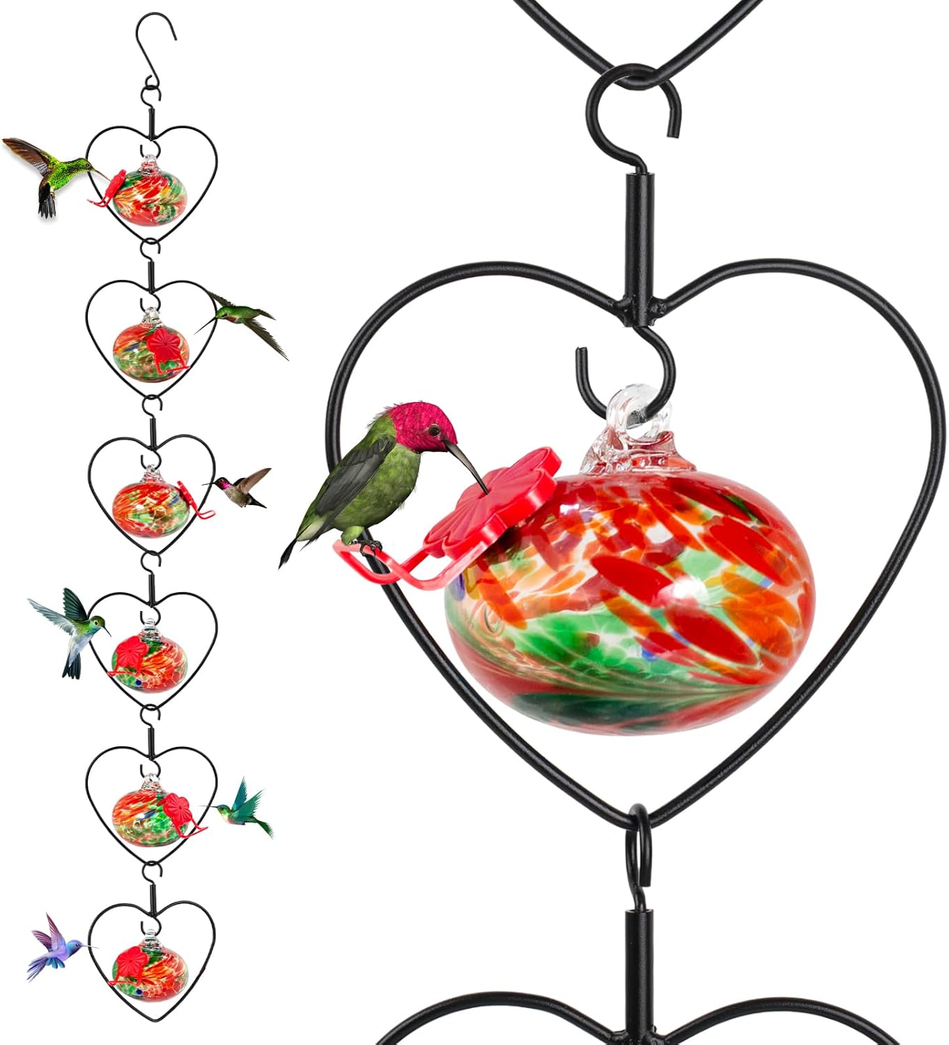 6 Pcs Heart-Shaped Hummingbird Feeder for Outdoors, Flexible Stackable Hand Blown Glass Humming Bird Feeders with 6 Adjustable Perch for Garden Tree Yard Patio Outdoors (Heart Shaped, Red)