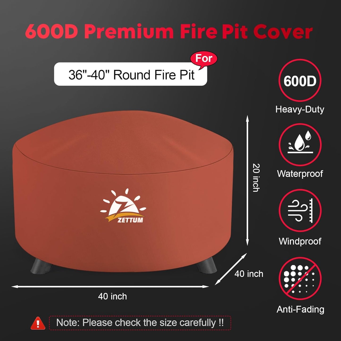 Fire Pit Cover Round 40 Inch - Outdoor Firepit Cover Heavy Duty & Waterproof, 600D Patio Fire Table Covers Gas Fire Pit Accessories Fade & Weather Resistant Brown - 40 x 40 x 20 Inch