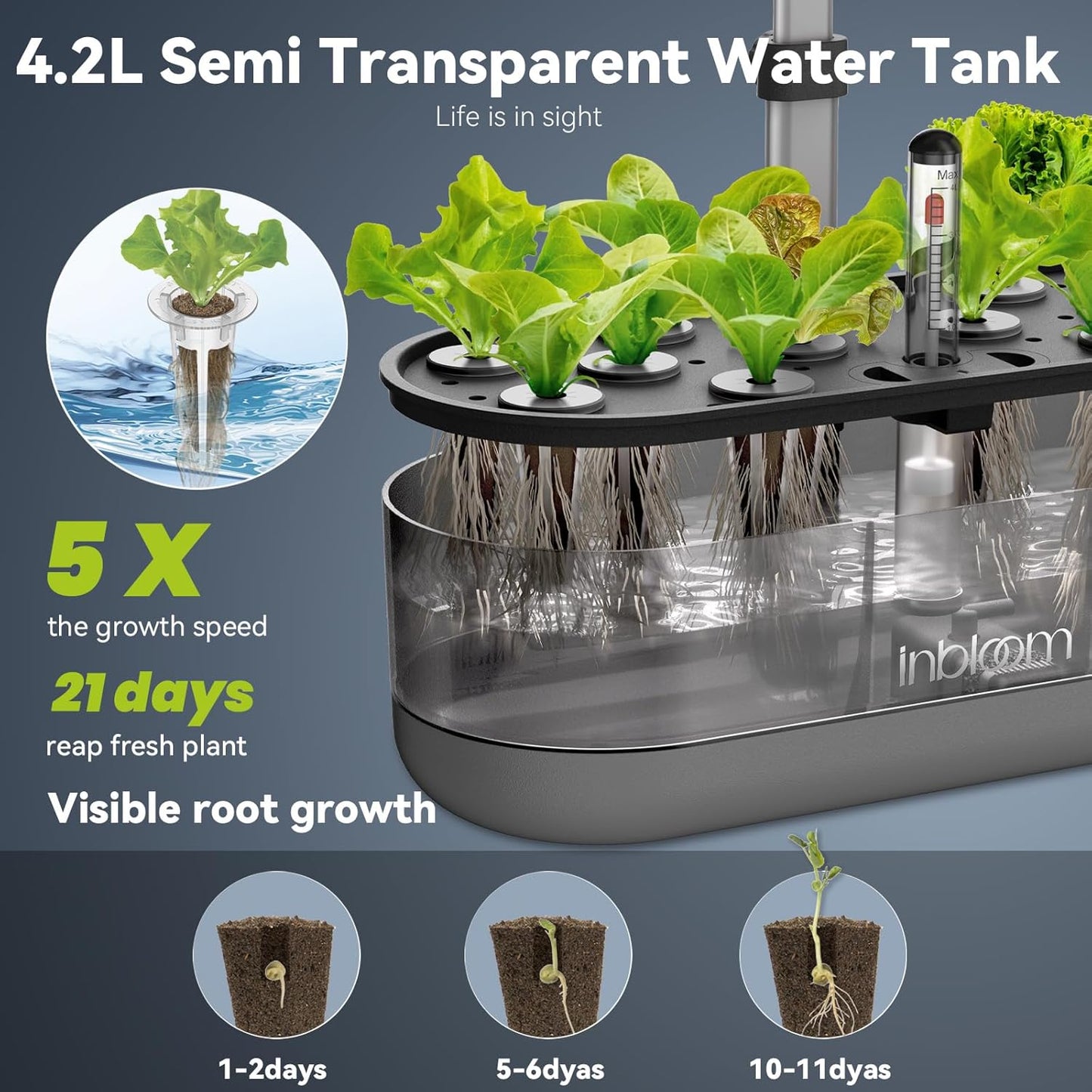 inbloom 12 Pods Hydroponics Growing System Kit, Herb Garden Planter Indoor Kit, Indoor Gardening Hydroponics Growing System with 4.2L Water Pump, Height Adjustable, Gifts for Woman, Transparent Black