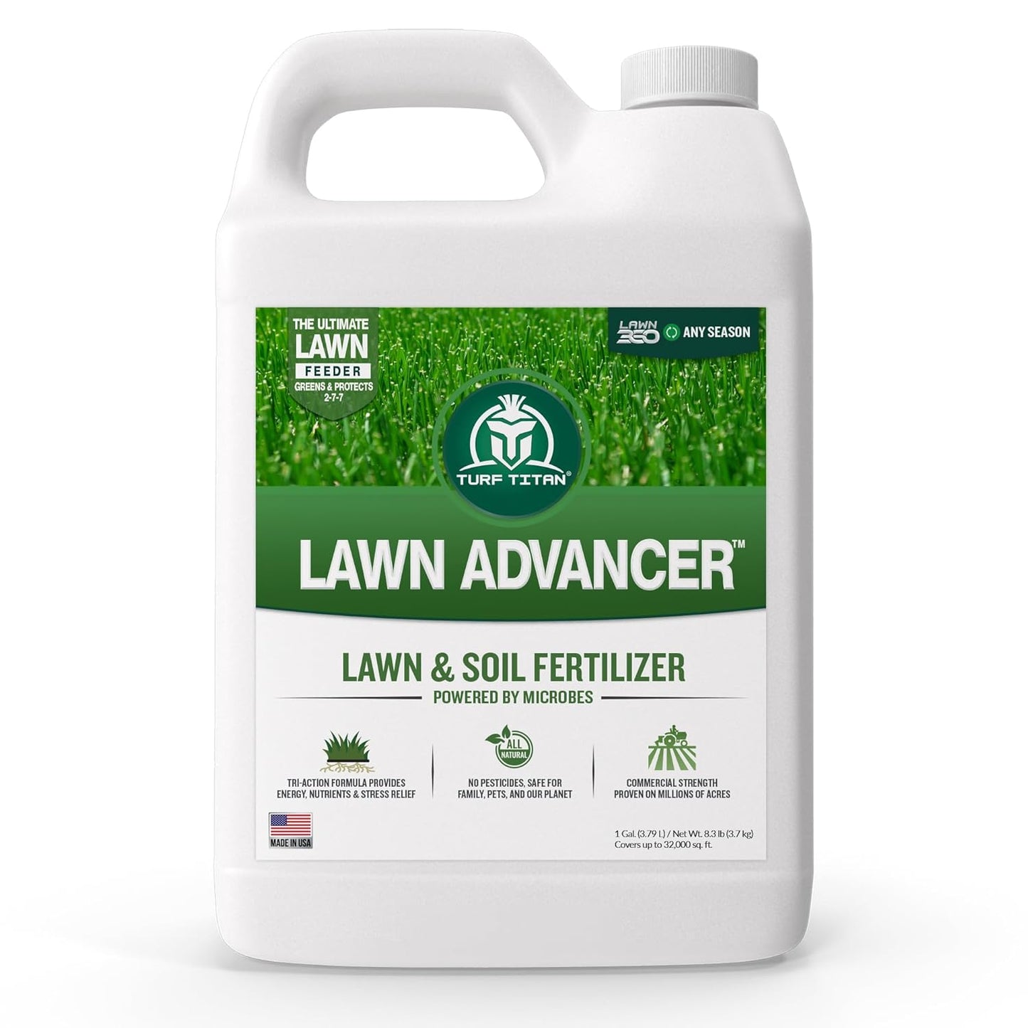Turf Titan Lawn Advancer – Green Lawn Booster and Lawn Fertilizer (1 Gallon) – Fast Acting Grass Fertilizer w/Tri-Action Formula – Fertilizer Concentrate for Grass Growth - Covers up to 32,000 Sq Ft