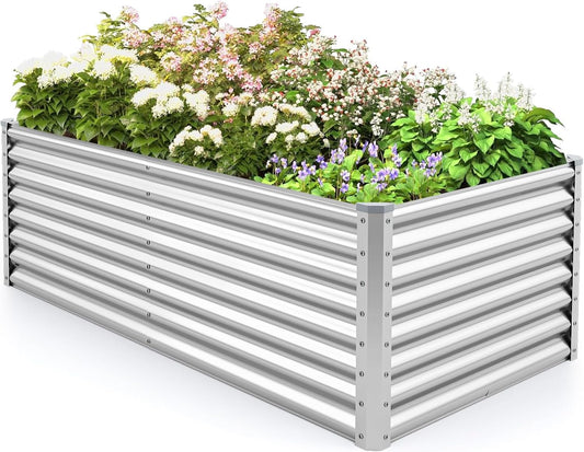 Rectangular Raised Garden Bed, Galvanized Garden Planter with Open Bottom, Sprayed Plate & Corner Protectors, Outdoor Metal Planter Box for Vegetables, Flowers & Herbs (Sliver)