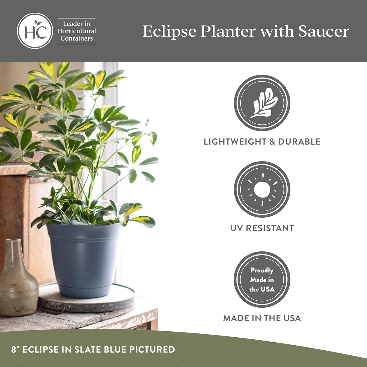 The HC Companies Eclipse Round Planter with Saucer - Outdoor & Indoor Plant Pot with Drainage Holes - Lightweight, UV-Resistant Plastic Pots for Plants, Flowers & Herbs (20" Warm Gray, Pack of 1)