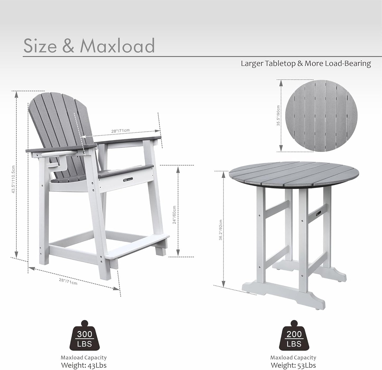 Patio Bar Tables, Outdoor Bar Table, Tall Adirondack Chairs Patio Bar Tables Set (Gray, 2 PCS Set)