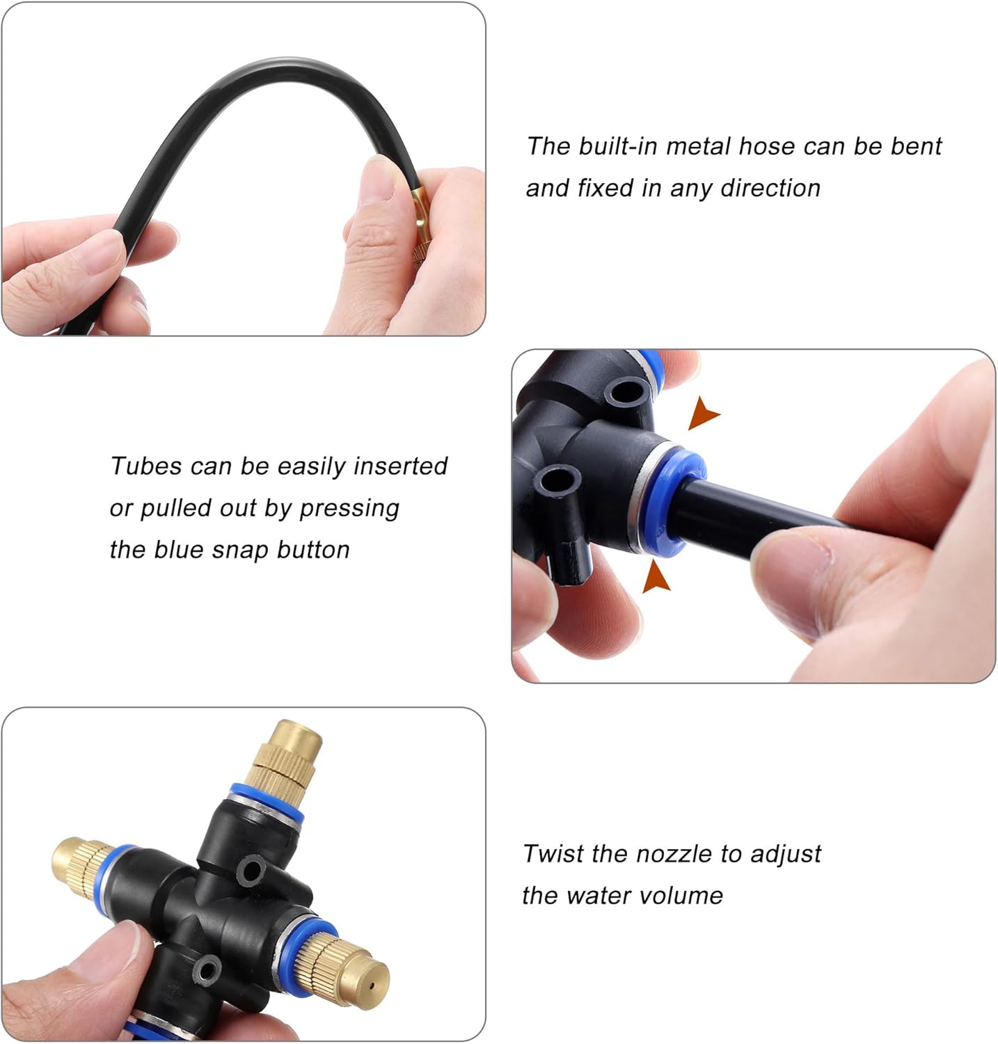 Mornajina 3Packs 3 Way Brass Misting Nozzles Tee with 9inch Built in Hose for Outdoor Cooling System, Adjustable 360° Rotation, Water Mister Nozzles Thread Sprayer 0.043" (1.1 mm)