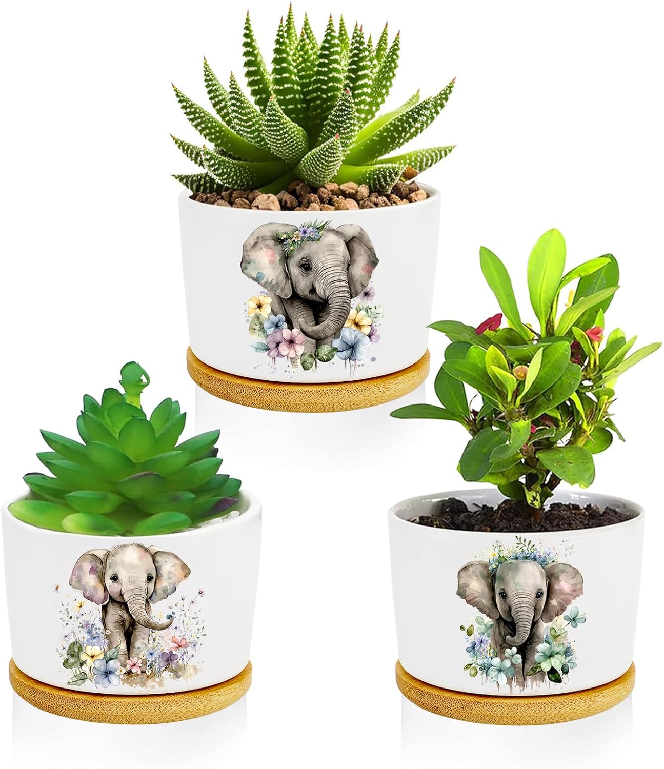 Elephants Succulent Pots 3 Pack, 3 Inch Succulent Planters with Drainage and Bamboo Tray, Elephants Gifts for Women, Ceramic Small Pots for Baby Plants, Cactus, Herbs- Plants Not Included