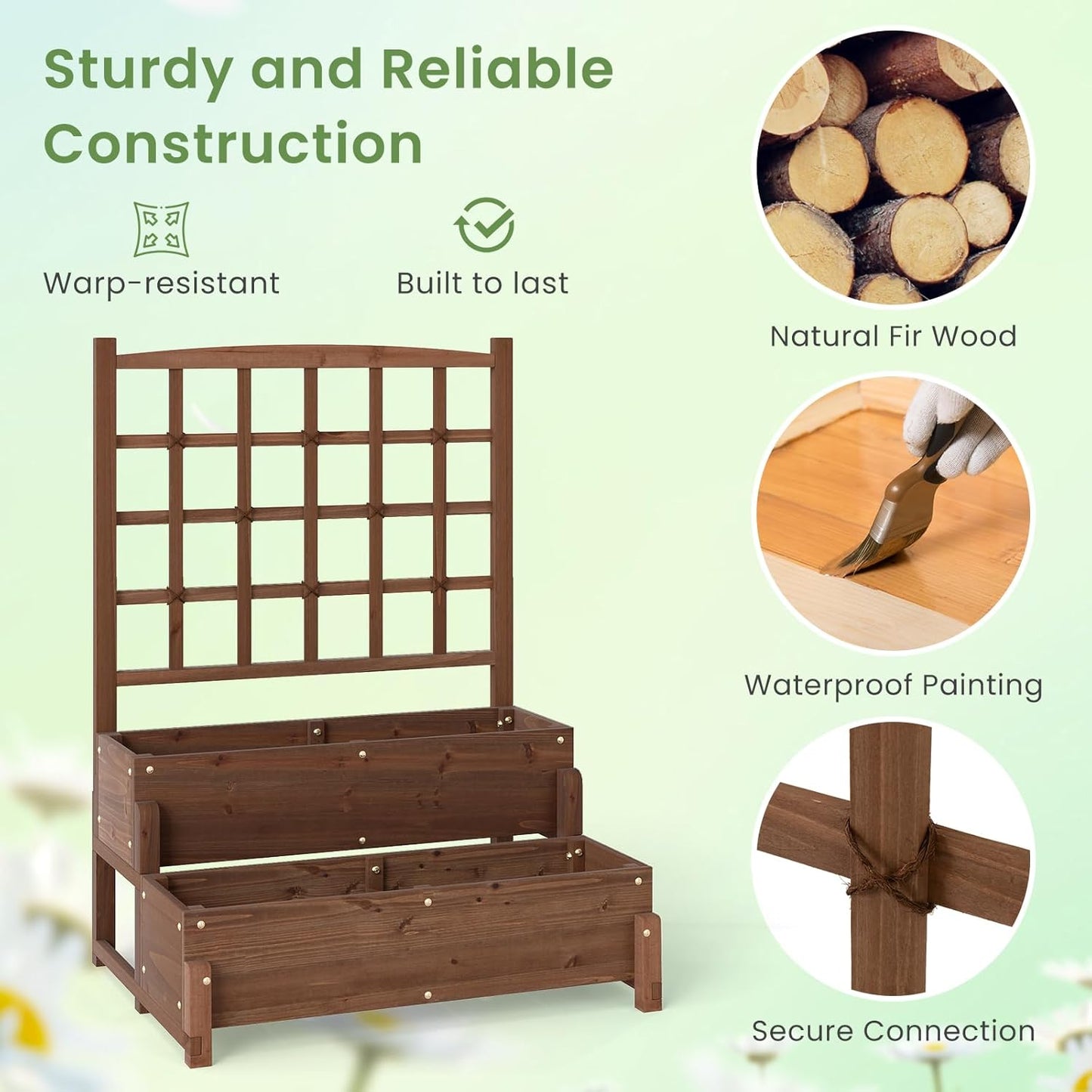 HAPPYGRILL Raised Garden Bed with Trellis, Drainage Holes, 2-Tier Wooden Elevated Planter Box w/Legs for Climbing Plants Vine Flower Herb Vegetable Fruit, Outdoor Garden Box for Patio Balcony