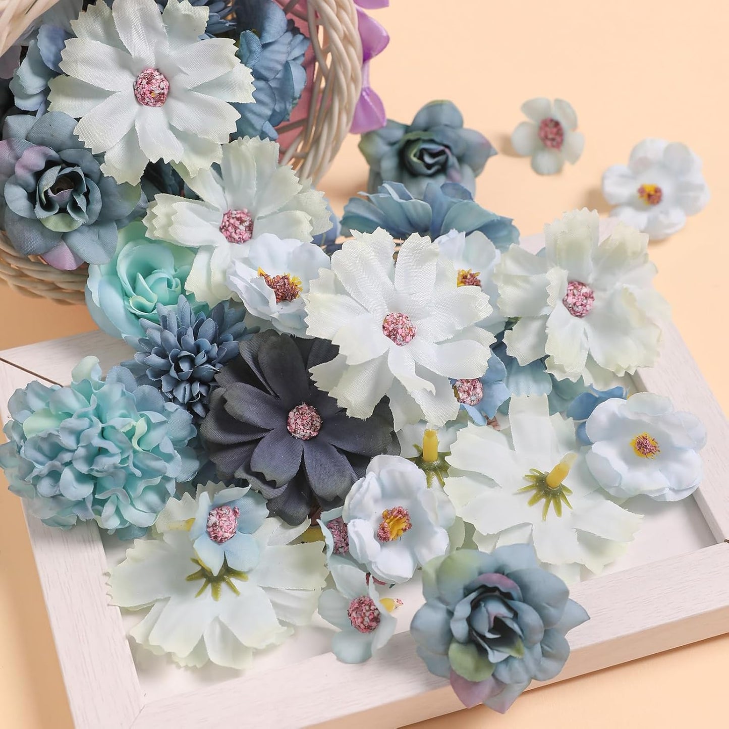 Faux Flower Heads Mini Blue Artificial Flower Heads Fake Peony Daisy Rose Flowers Multicolor Small Silk Daisy Flower Heads for Craft Garland Wedding Party DIY Home Decoration,2-4 cm