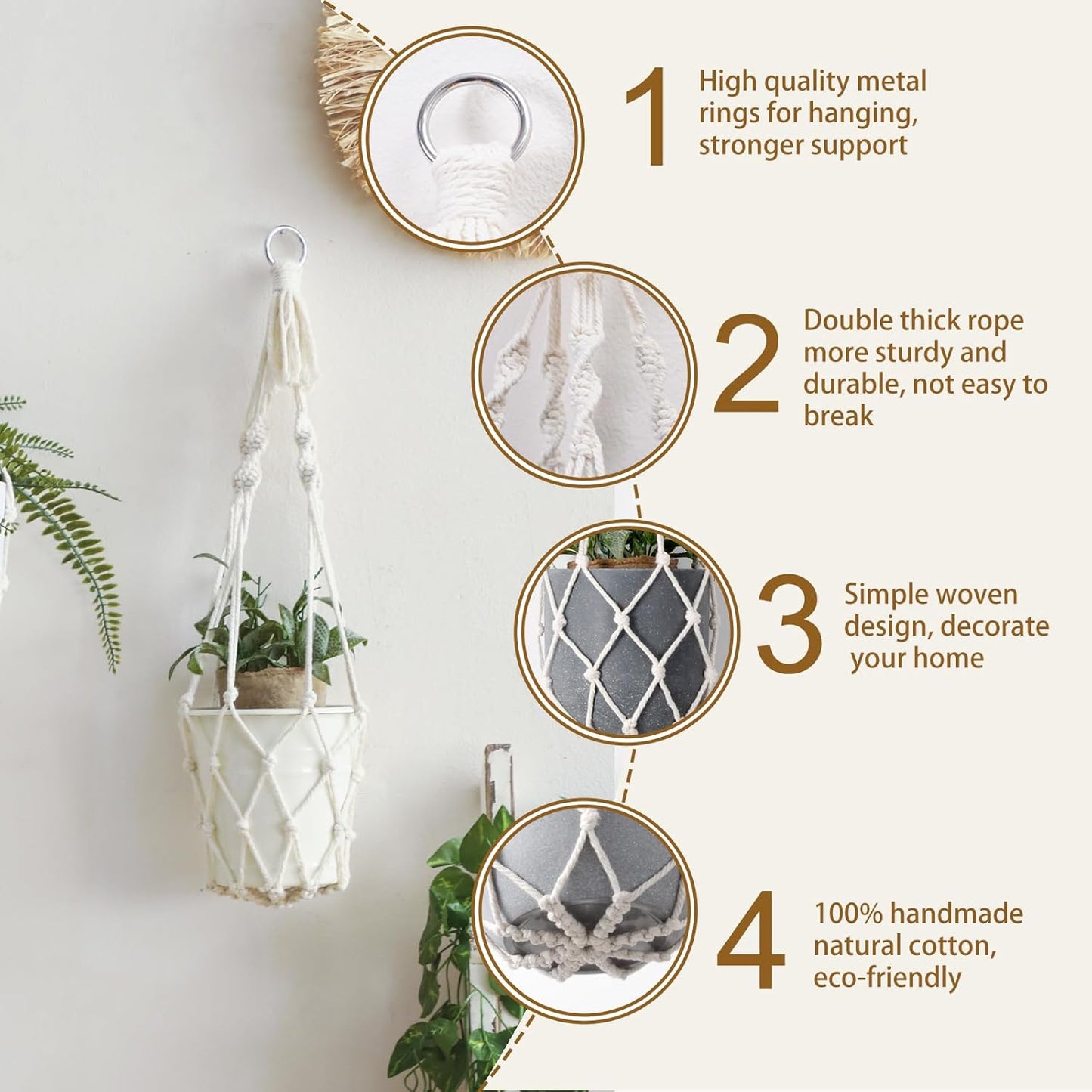 Artilady Macrame Plant Hanger Large Hanging Planter for Indoor Plants Holder White Cotton Rope Hanging Plant Basket Handmade Outdoor Window Boho Plant Wall Decor