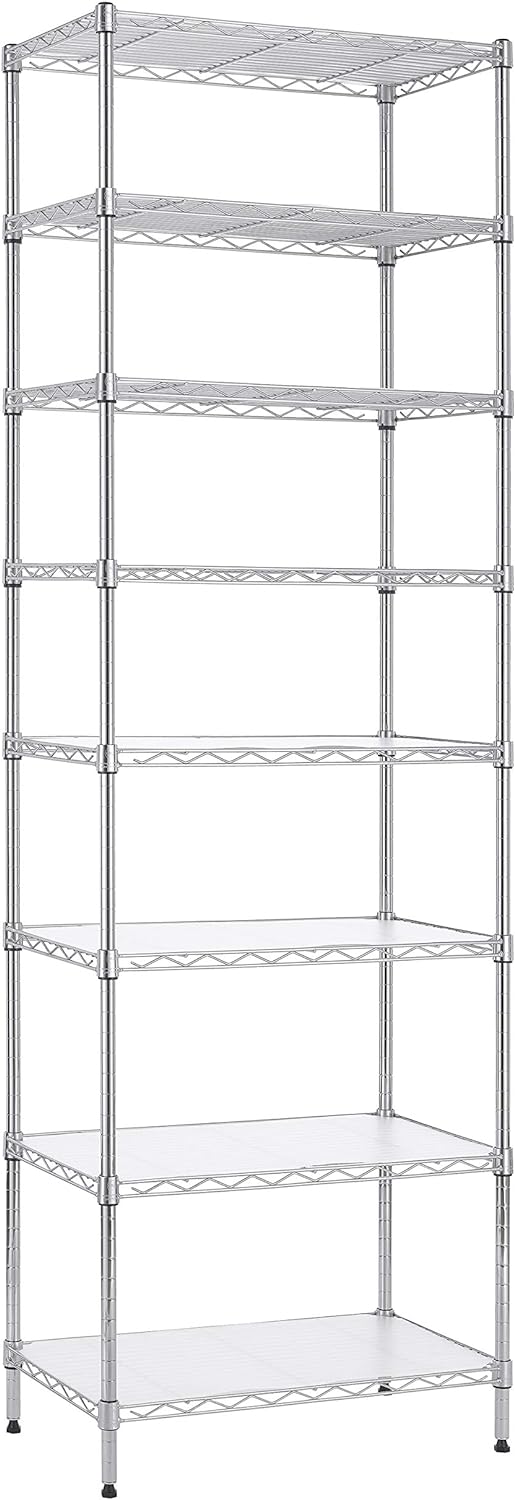 Finnhomy 8-Tier Wire Shelving Unit Adjustable Steel Wire Rack Shelving 8 Shelves Steel Storage Rack or Two 4-Tier Shelving Units with PE mat, Leveling Feet and Safety Device, NSF Certified, Chrome