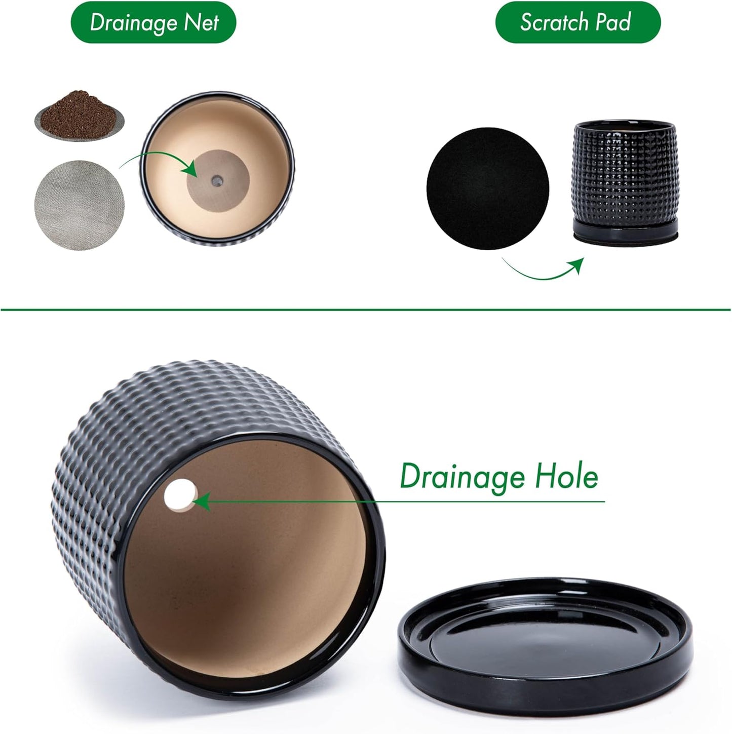 D'vine Dev Set of 2 Ceramic Plants Pots, 4 Inch Beaded Stoneware Flower Pot for Plants with Drainage Hole and Saucer, Glossy Black, 27-E-Z-2