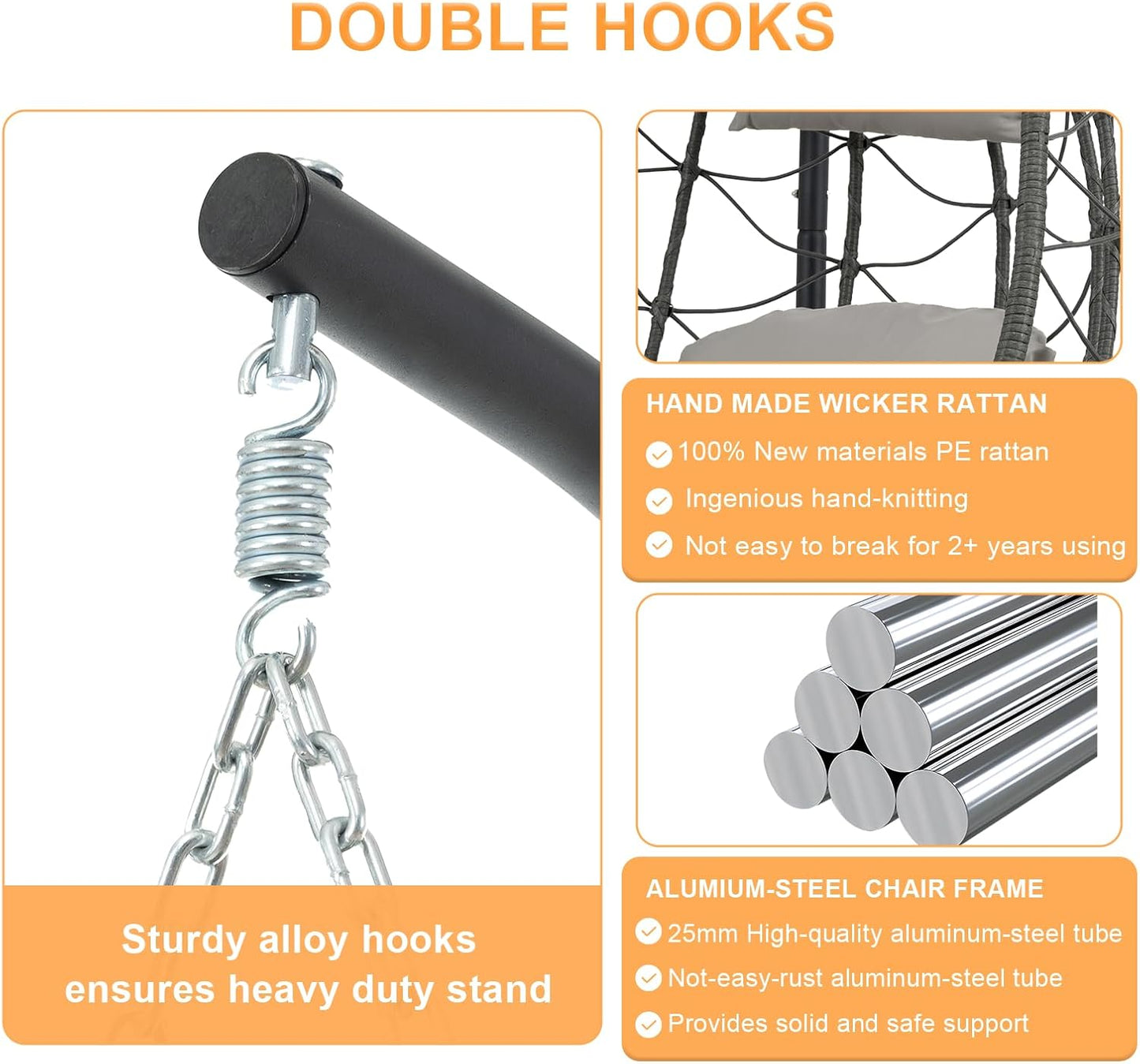 Hanging Egg Chair with Stand Egg Chair Indoor Outdoor, Patio Swing Hammock Egg Chairs, UV Resistant Removable &Washable Thicken Padded Cushions, 350LBS Capacity for Bedroom, Balcony, Garden, Dark Grey