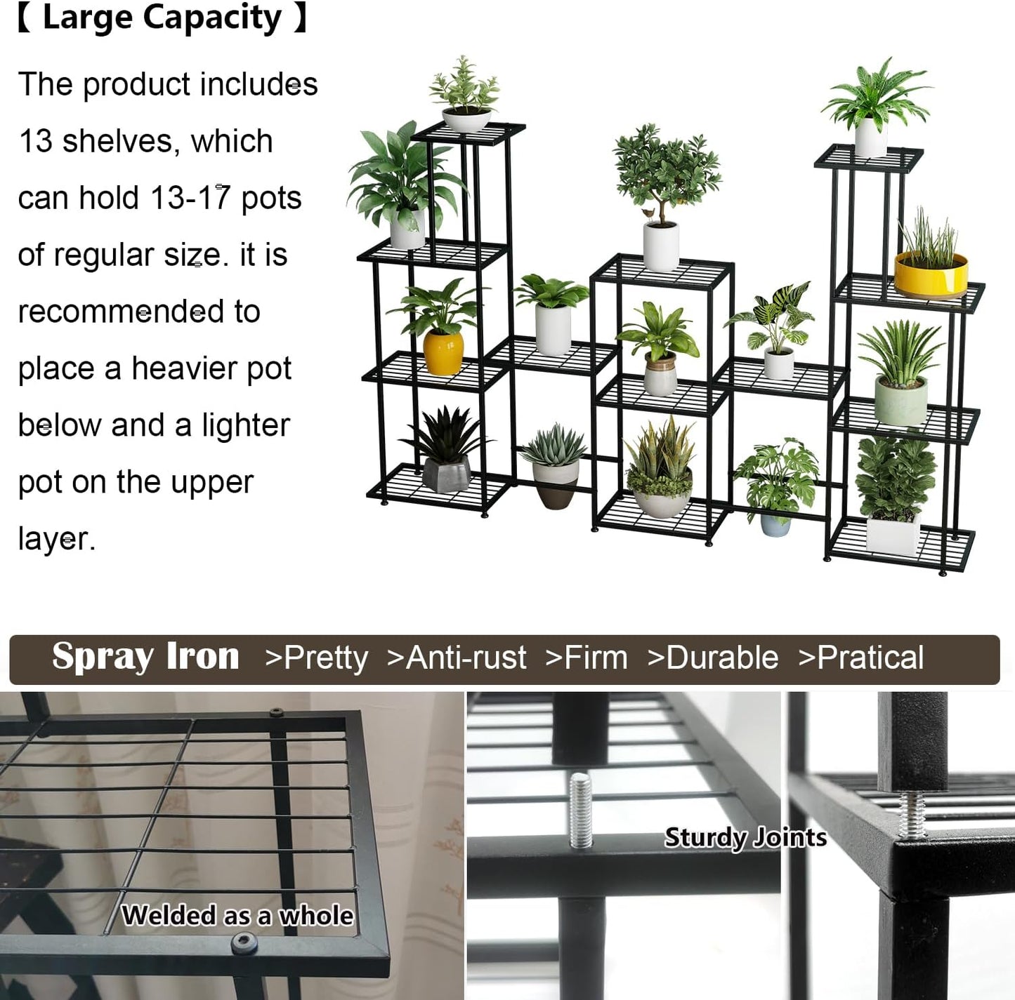 Tall Multi Tier Plant Stand, 13 Tiers Multifunctional Plant Stands for Indoor Plants, Decorative Black Steel Plant Shelf for outdoor Patio Garden Balcony and Yard