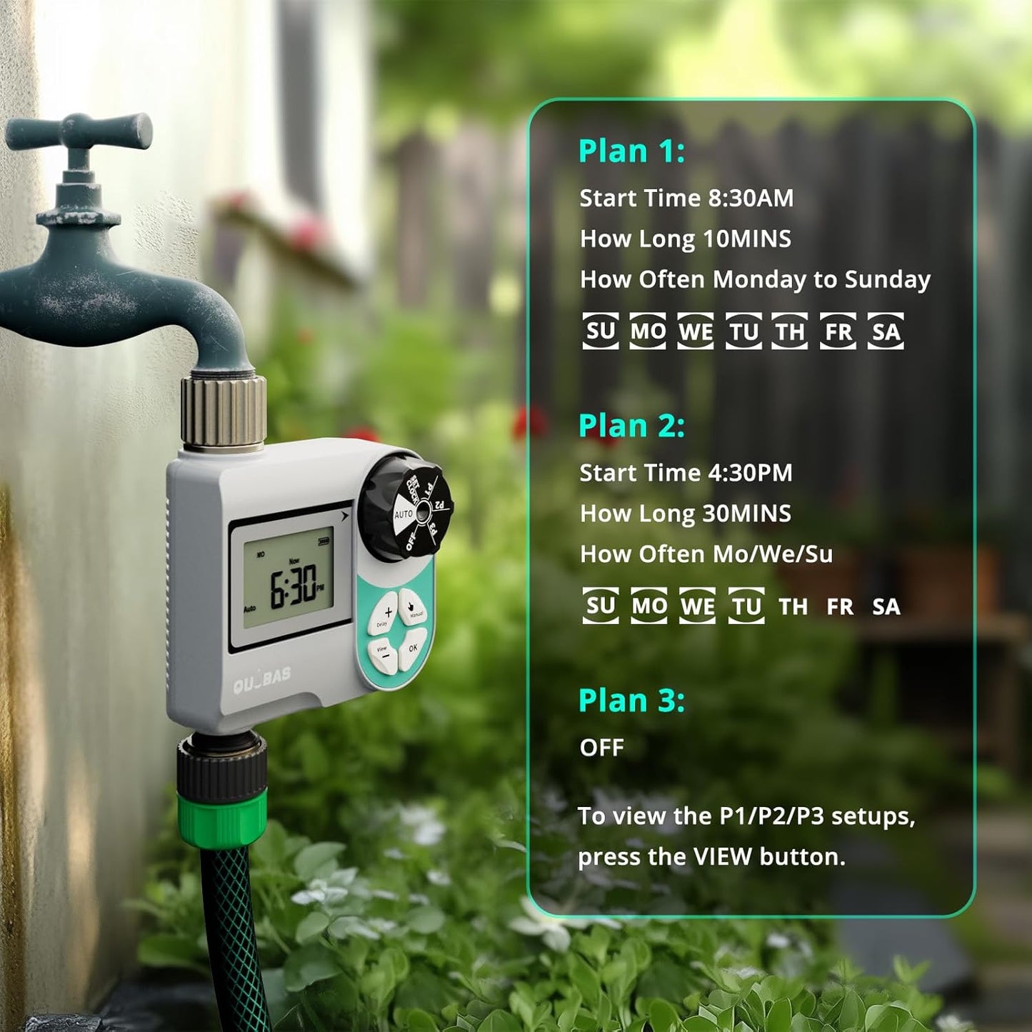 QUOBAS Weekly Plan Sprinkler Timer with Metal Inlet & Outlet, Water Timer for Garden Hose with Rain Delay/Manual Watering/Automatic Watering Controller System for Watering Lawn, Yard, Garden