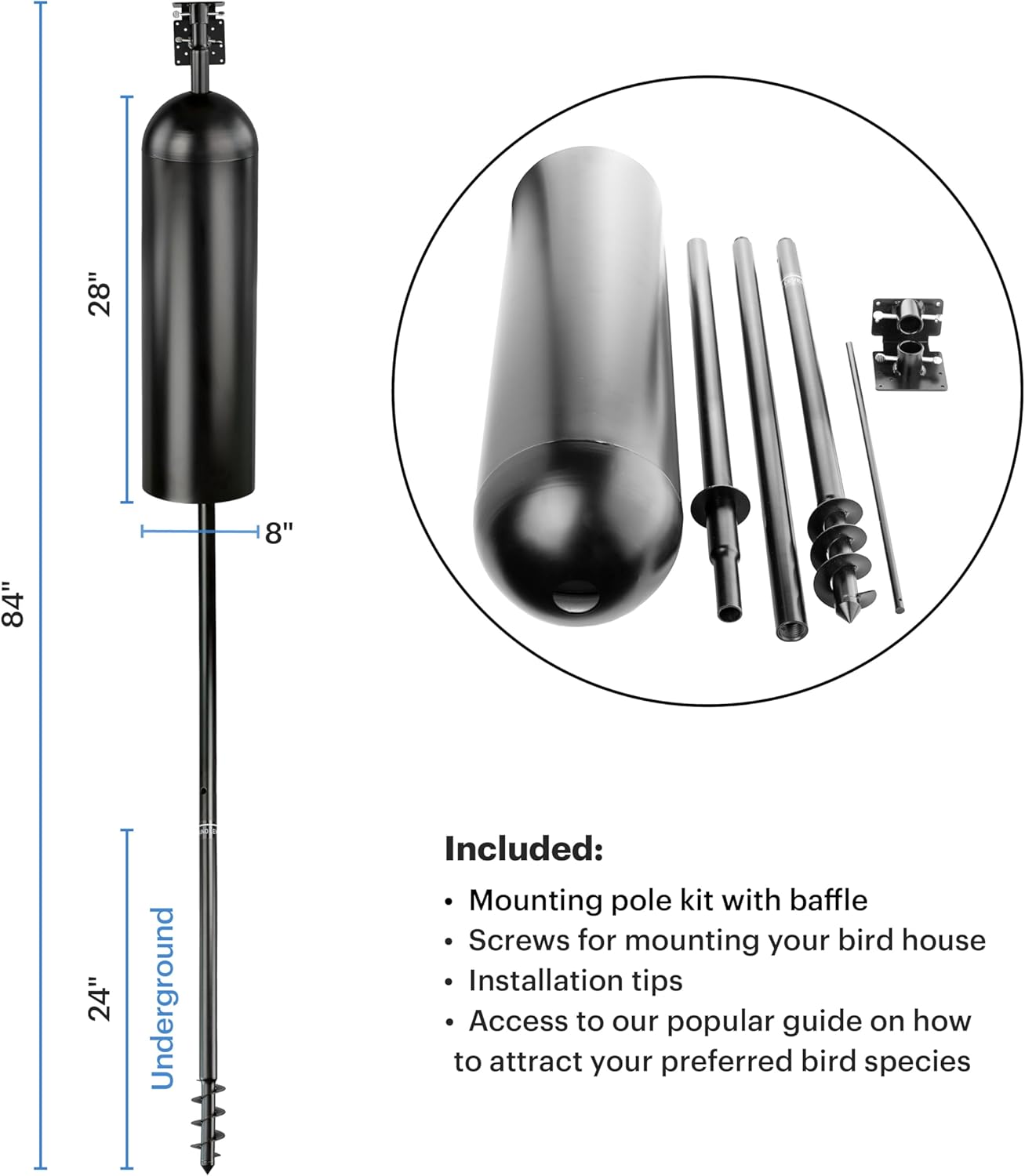 WHITEHORSE Bird House Pole with Baffle- A Professional Squirrel Proof Bird Feeder Pole - Very Sturdy Against Strong Winds - Bird House Poles for Outdoors - Pole for Bird Feeders - Bluebird House Pole