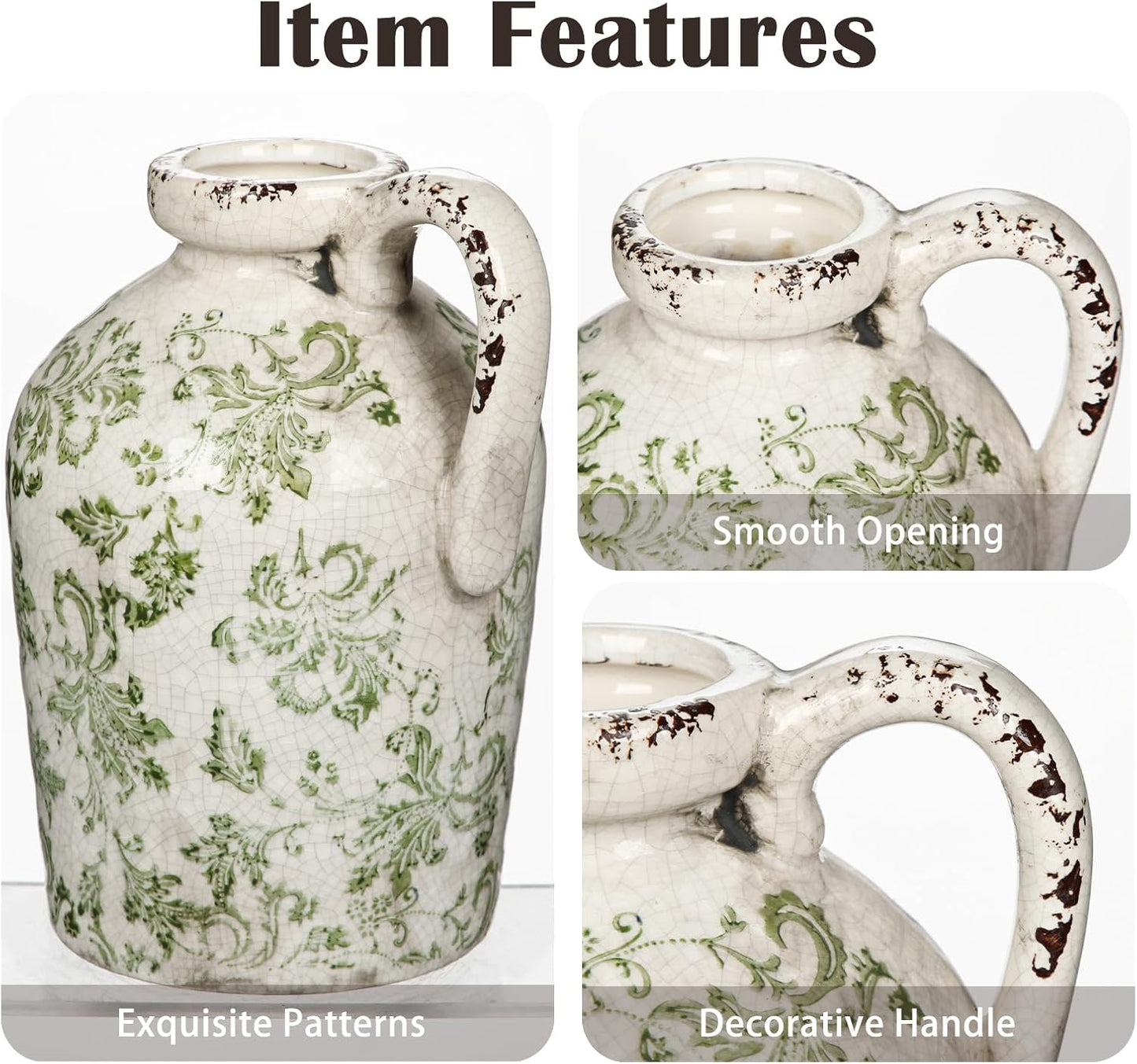 Ceramic Rustic Farmhouse Vase, 9 inch Ceramic Green and White Vase for Centerpieces Pampas Grass Pottery Jug with Handle Boho Chinoiserie Decor Vintage Vases for Living Room Kitchen Dinner Table Shelf