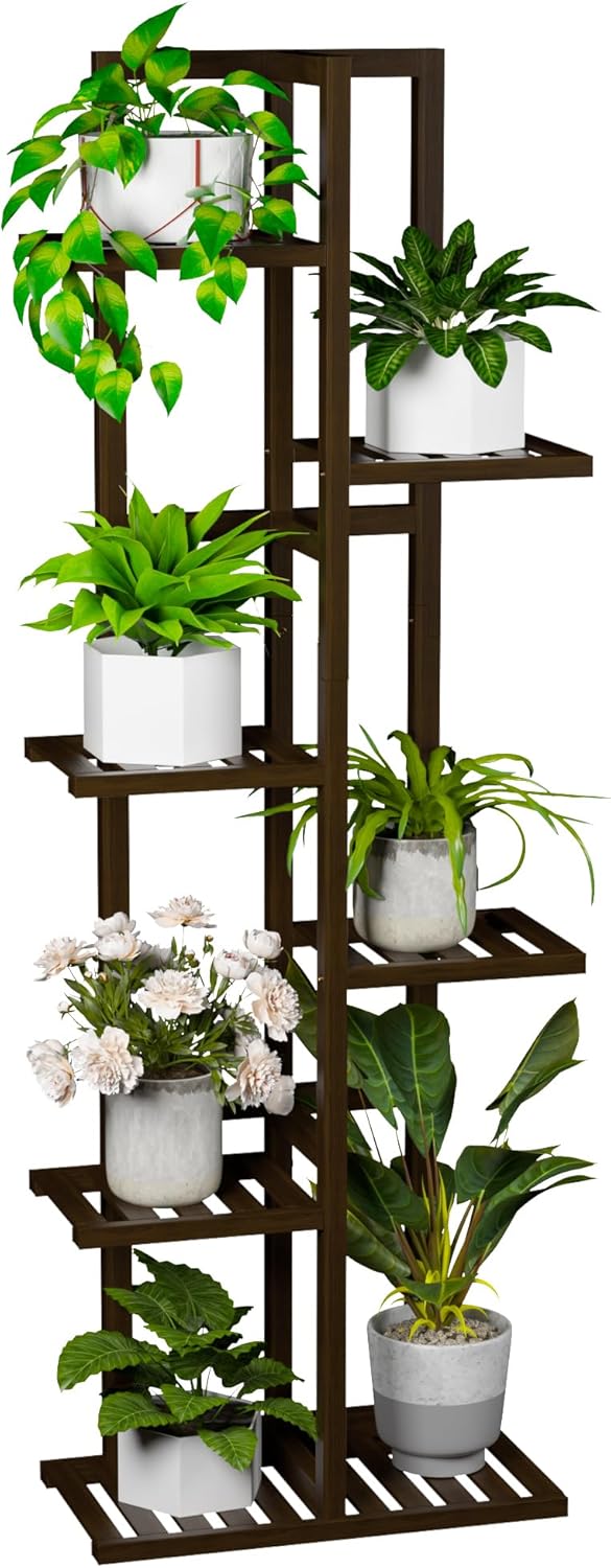 6 Tier Bamboo Plant Stand Indoor, Wood Tall Flower Holder Corner Tiered Plant Shelf for Multiple Plants (Brown)