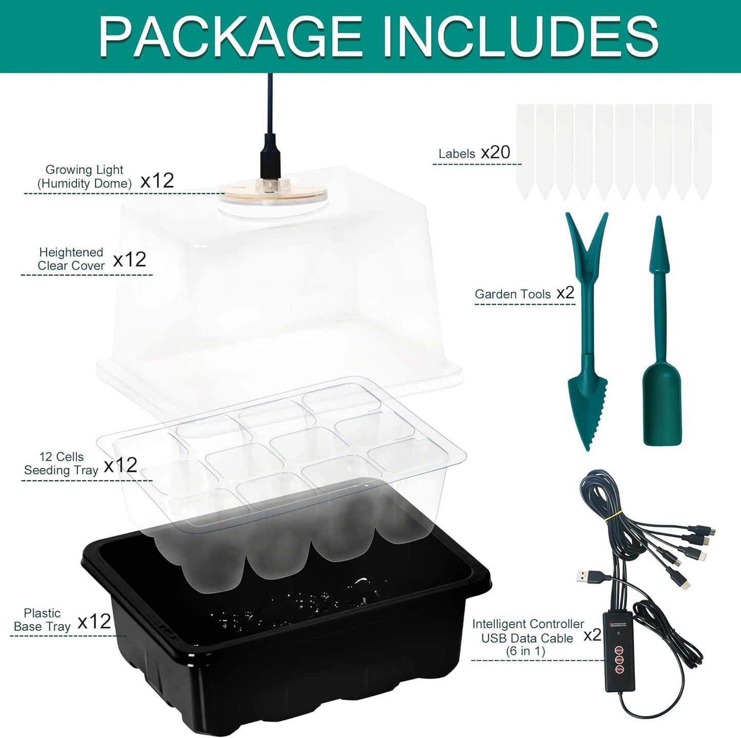 12-Set Seed Starter Tray with Grow Light, Seed Starting Trays Kits with Timing Controller Adjustable Humidity Domes Heightened Lids(12-Cells Per Tray)