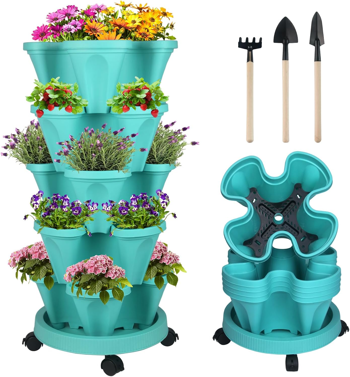 DUNCHATY Stackable Planter, Vertical Garden Planter with Wheels and Tools, Self Watering Strawberry Planter Indoor/Outdoor 5 Tier Herb Planter Pots for Growing Vegetables and Succulents, Teal