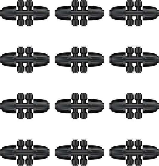 Pawfly 12 Pcs 1/2'' to 1/4'' Drip Irrigation Fittings, Anti-Leak Reducing Tees, Push-to-Fit Drip Irrigation Parts for Garden Lawn, 6-Way Barbed Tee Quick Connectors with Anti-Drop Locked Nuts