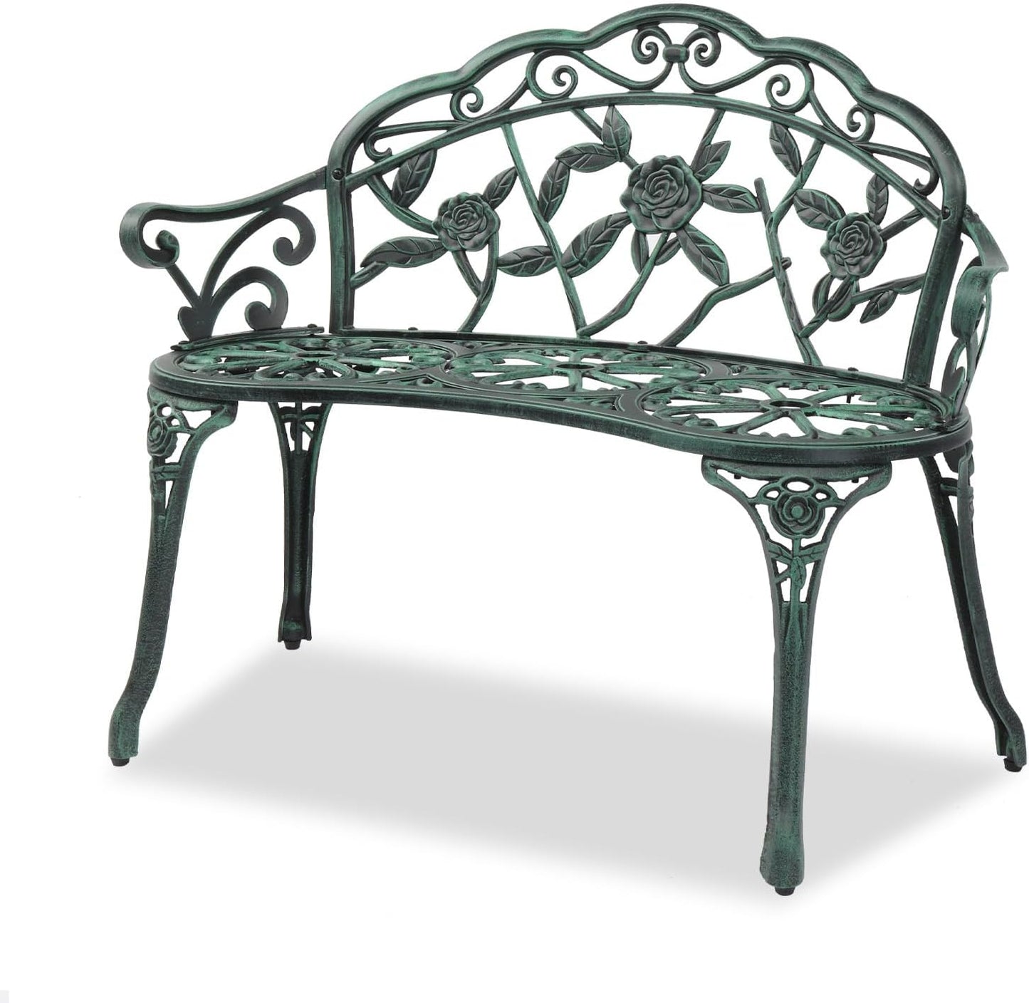 VINGLI 38.5" Patio Park Garden Outdoor Metal Rose Bench,Cast Iron Cast Aluminium Frame Antique Finish Chair,Accented Lawn Front Porch Path Yard Decor Deck Furniture for 2 Person Seat（Green&Black