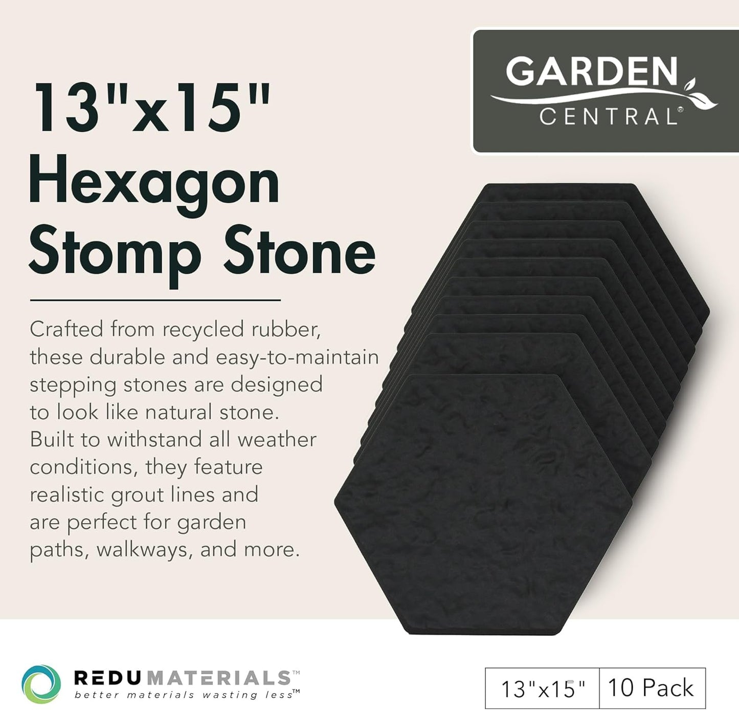Garden Central 10-Pack 15”x13” Stomp Rubber Stepping Stones, Hexagon, Black – Reversible Non-Slip Outdoor Faux Decorative Set for Landscaping – DIY Decor for Walkways & Yard Pathways